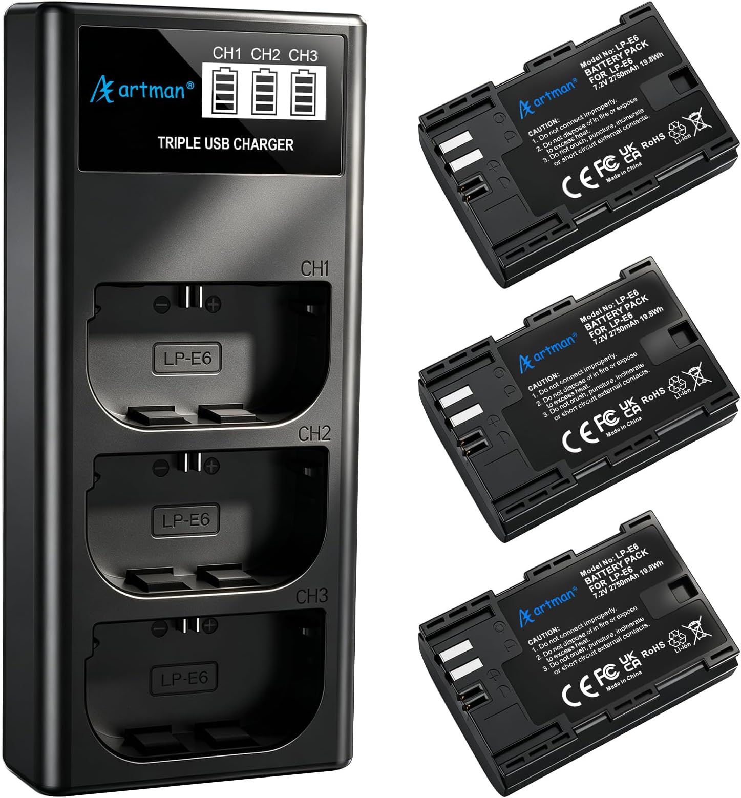Artman LP-E6N LP-E6 Battery 3-Pack 2750mAh and 3-Slot LCD Charger for EOS R R5 R6 R7, R5 C, R6 Mark II,EOS 5D Mark II III IV,5D SR,6D Mark II 7D Mark II,6D 7D 90D 80D 70D 60D 60DA,XC10 XC15 Camera