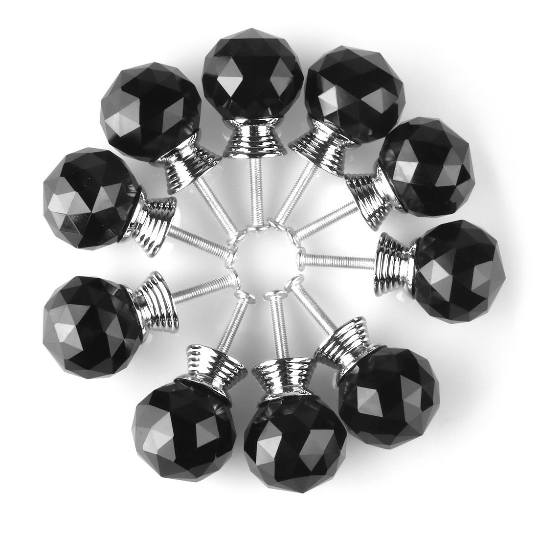 Sourcingmap Round Shape Crystal Glass 30mm Kitchen Cabinet Door Drawer Knob Cupboard Dresser Wardrobe Pull Handle with Screws, 10pcs Black