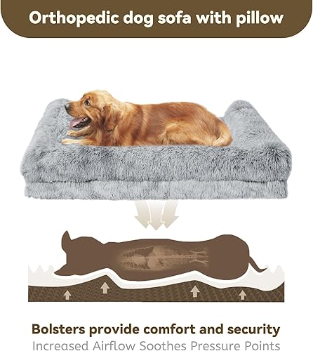 Miniatura 3 de Cama ortopédica para perros grandes y medianos, sofá cama para perros con almohada, camas de espuma de espuma de alta densidad, sofá de felpa
