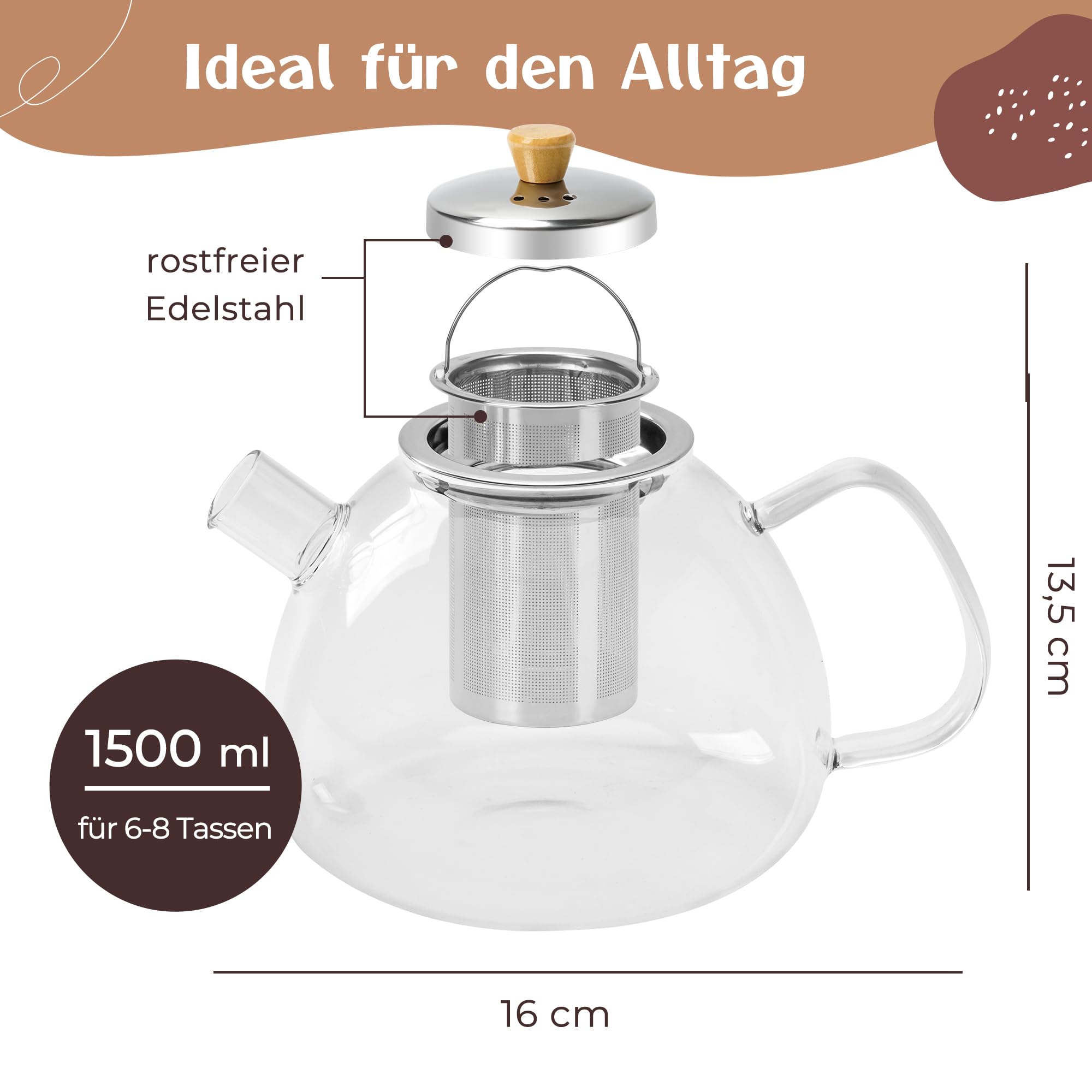 Teiera in vetro con filtro – 1,5 litri – maggiore spessore del vetro – teiera in vetro – teiera per tè – set da tè