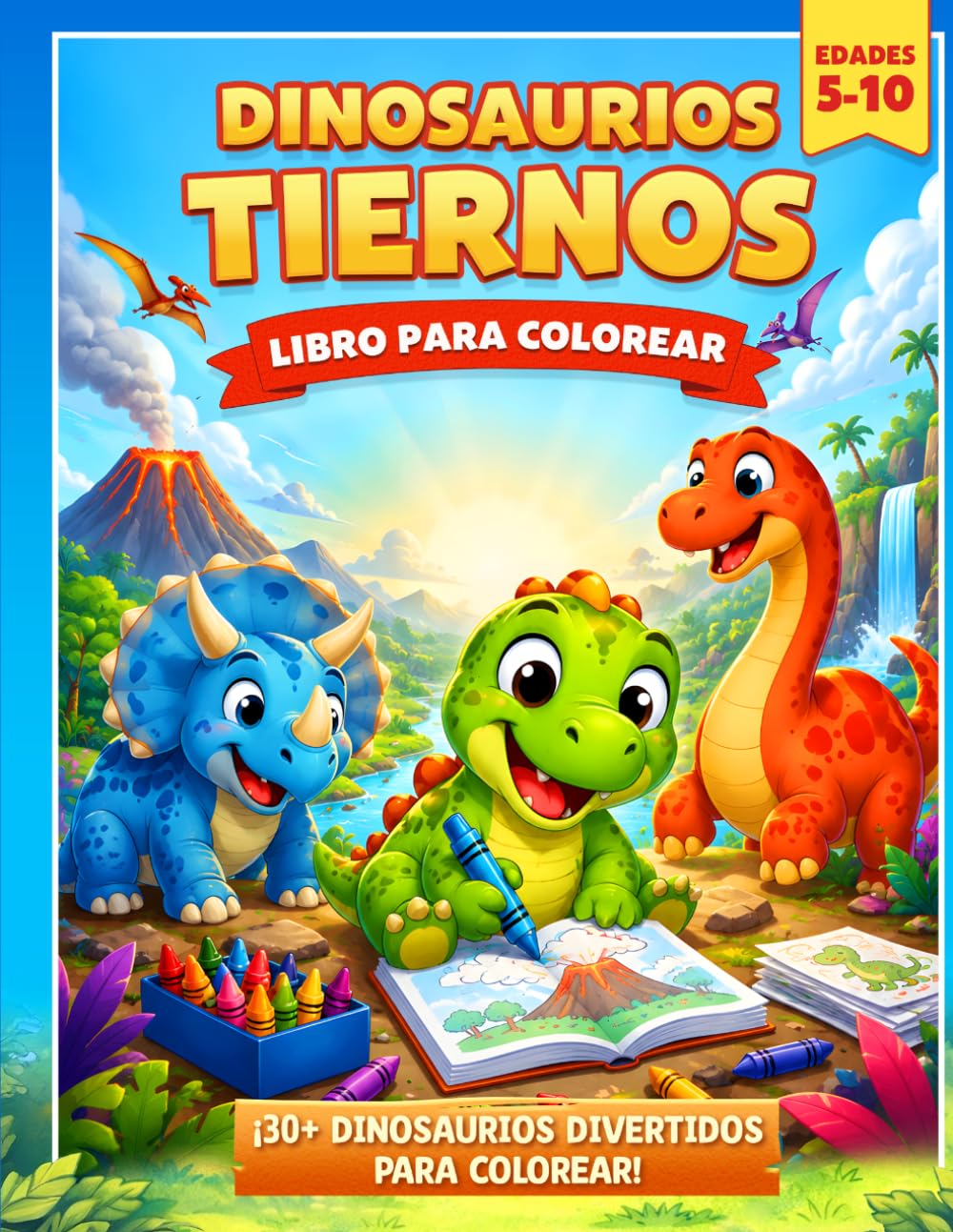 DINOSAURIOS TIERNOS: Libro para colorear para niños y niñas de 5 a 10 años