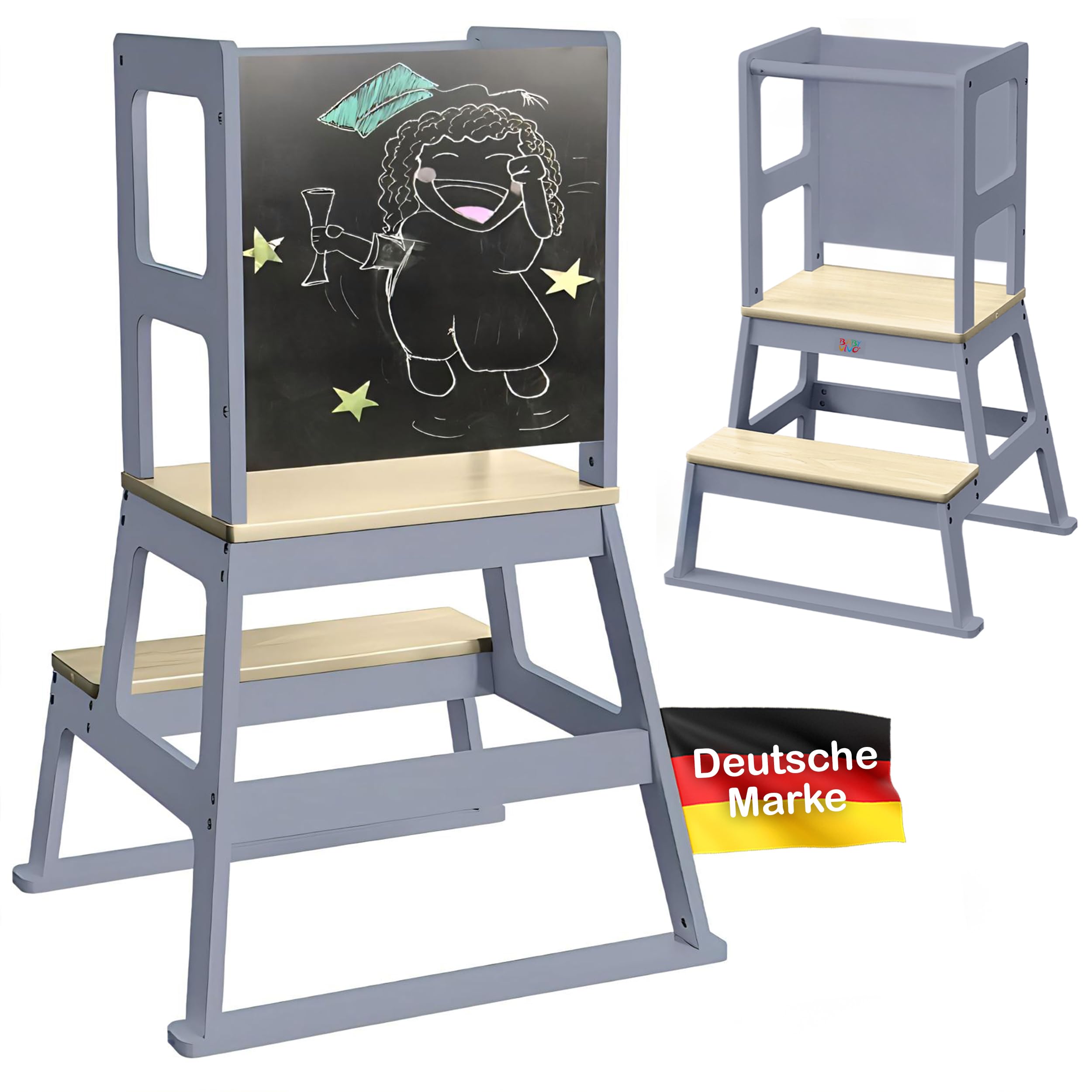 Baby Vivo Lernturm aus Holz - Tower Küche Kindermöbel Learning Tower - Schemel Lerntower für Kinder ab dem Stehalter - Tritthocker mit Tafel Montessori Küchenhelfer Lernstuhl in Grau