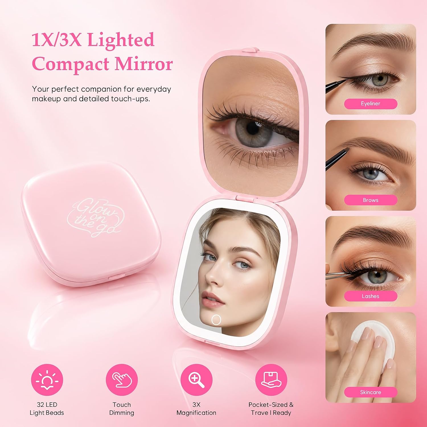 Travel Compact Mirror, 1X/3X Dual-Sided Magnification Mirror with Light
