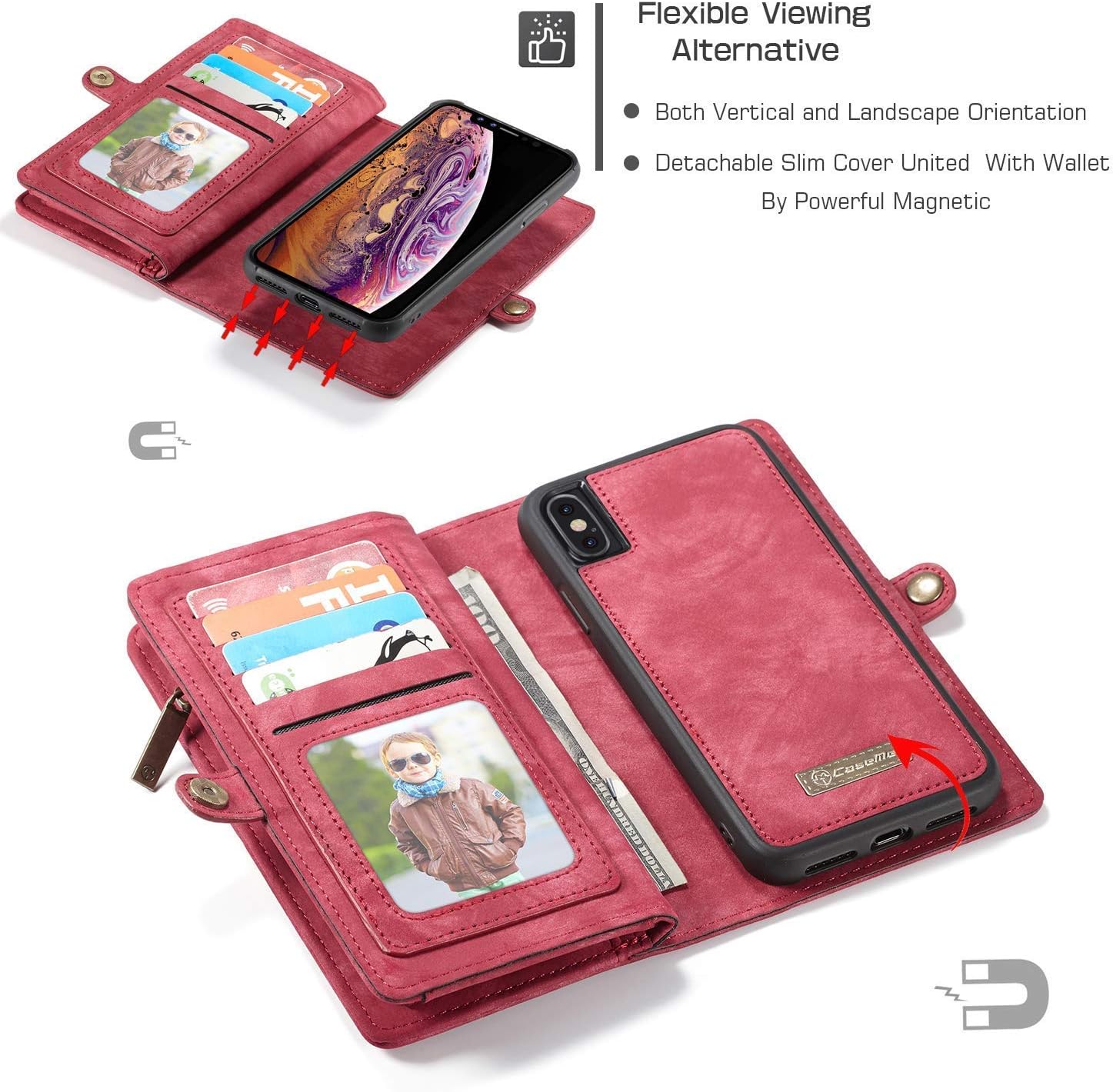 KONKY iPhone X/iPhone Xs Case Wallet, Caseme Wallet Case, Magnetic Detachable Removable Phone Cover Pouch Folio Durable Leather Purse Flip Card Pockets Holder Bag with Smooth Zipper - Red