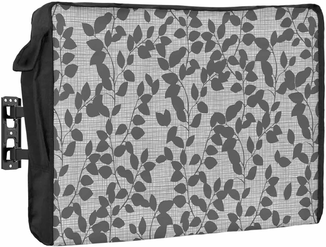 Outdoor TV Cover Farmhouse Botanical Gray Leaves Pattern Waterproof and Weatherproof 48"-50" LCD Movable Shield TV Display Screen Protector Outside Television Covers