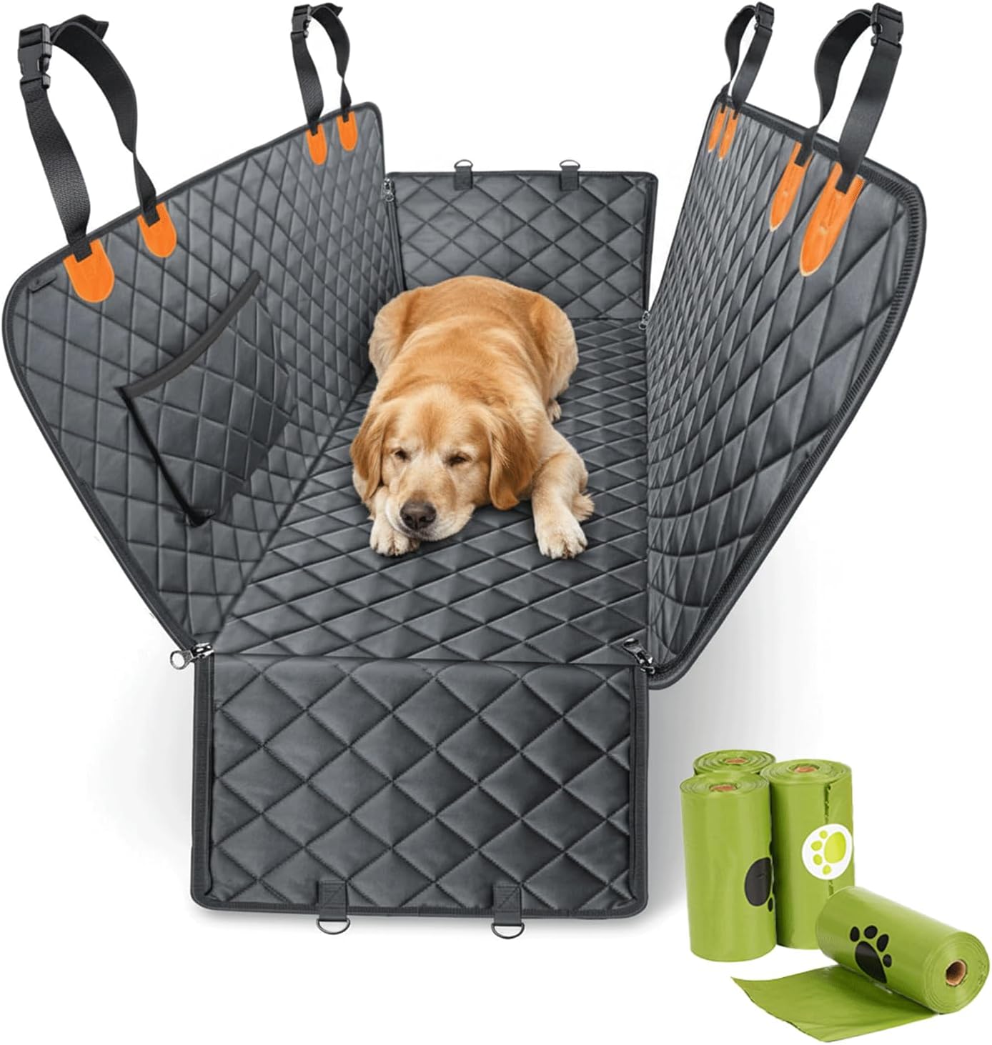 Dog Car Seat Cover with Free Poop Bags, Waterproof 600D Car Seat Protector, Dog Hammock for Cars with Seatbelt & Side Flap, Scratchproof Non-Slip Pet Seat Cover for Car Trucks & SUVs
