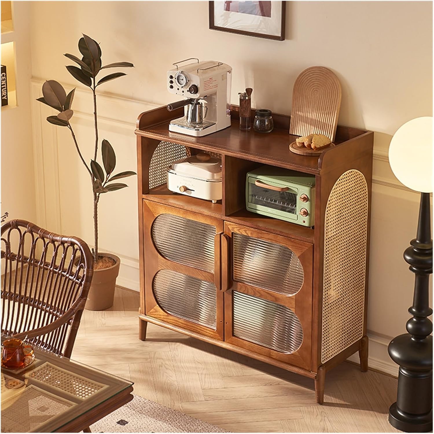 Buffet Cabinet Solid Wood Rattan Sideboard Living Room Storage Cabinet Entryway Double Door Pantry Kitchen Cabinet