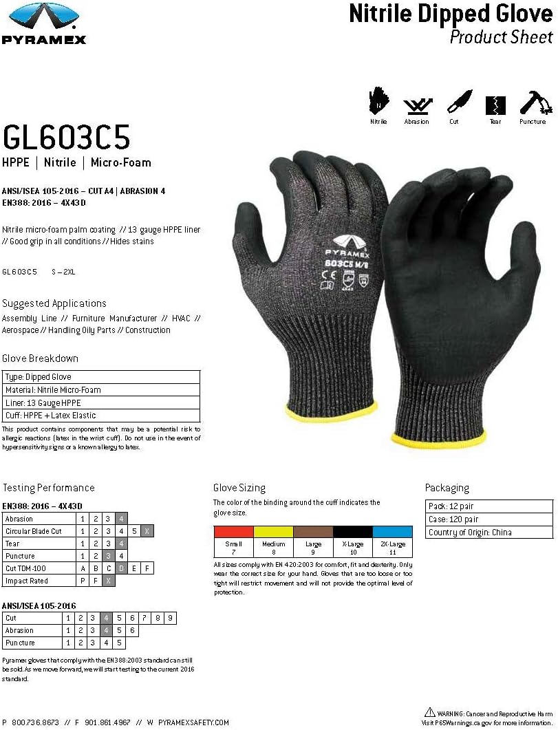 Pyramex GL603C5 Series 13 Gauge PMXTECK HPPE Micro Foam Nitrile Safety Gloves ANSI Cut 4 Size 2X Large