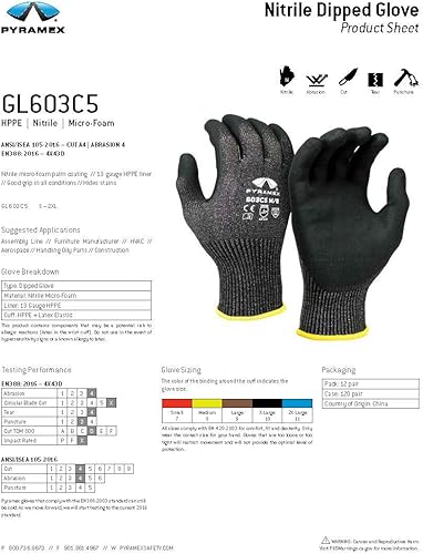 Miniatura 2 de Pyramex GL603C5HT Series - Guantes de seguridad de nitrilo de microespuma PMXTECK HPPE de calibre 18, corte ANSI, talla 4, talla grande