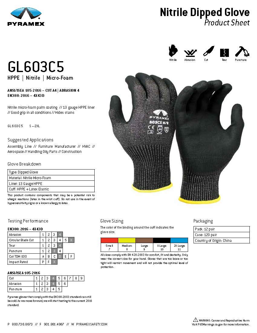 Pyramex GL603C5M - Guante de nitrilo de seguridad, microespuma, color negro