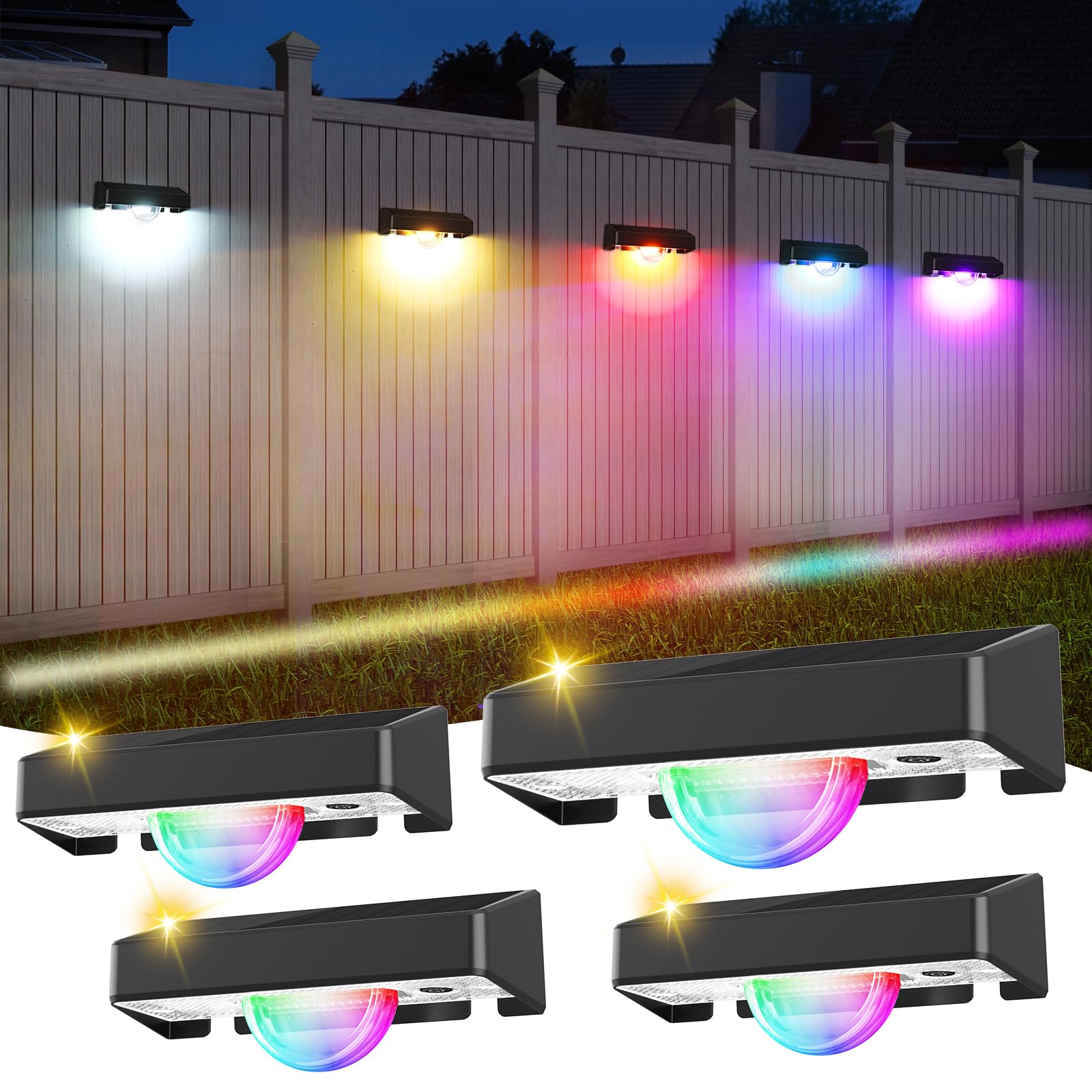 Quntis Solarna lampa ścienna zewnętrzna z efektem wiązki światła, 4 sztuki, 11 trybów świecenia (ciepła biel i zmiana kolorów RGB), IP44, wodoszczelne solarne oświetlenie ogrodzenia, do użytku na