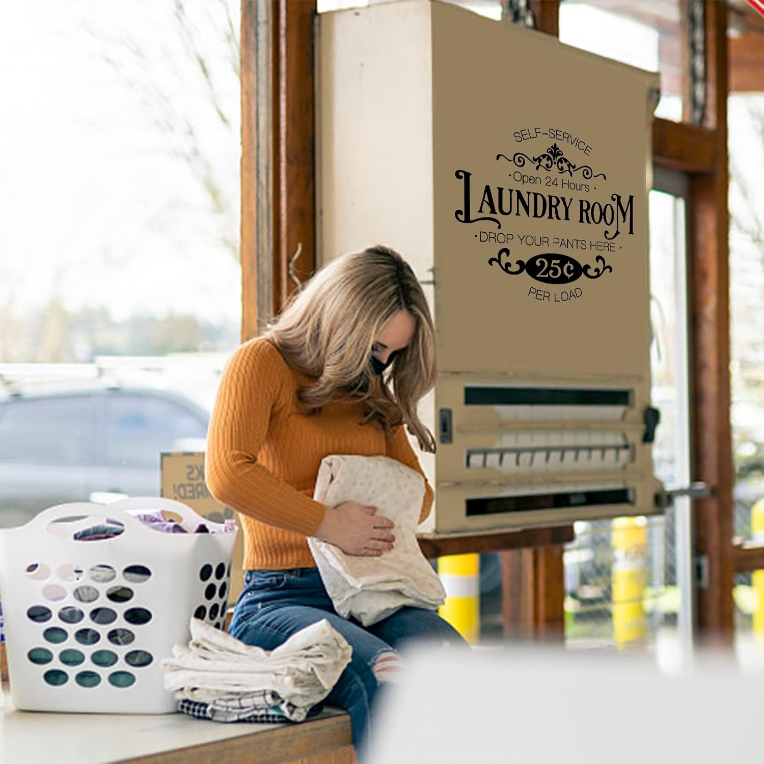 SUPERDANT Self-Service Laundry PVC Wall Sticker Open 24 Hours Drop You Pants Here Art Lettering Self-Service Laundry Vinyl Wall Decal Vintage PVC Wallpaper Art for Laundromat Decor 16.5x11.4in - Image 5