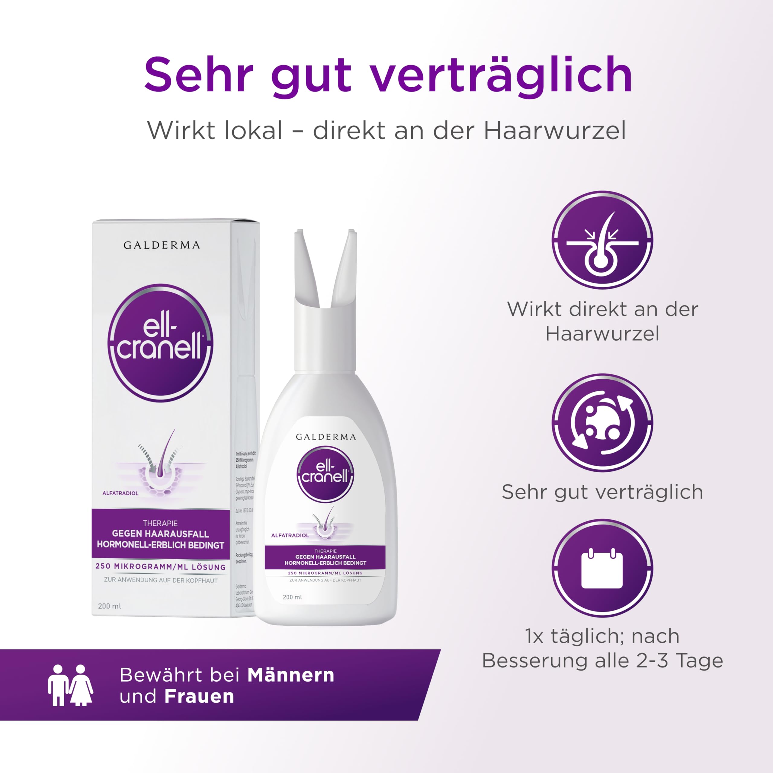 Ell Cranell, 3x200 ml Lösung bei hormonell-erblich bedingtem Haarausfall, für Männer und Frauen geeignet, zielgerichtete Wirkung gegen DHT, Vorteilspackung