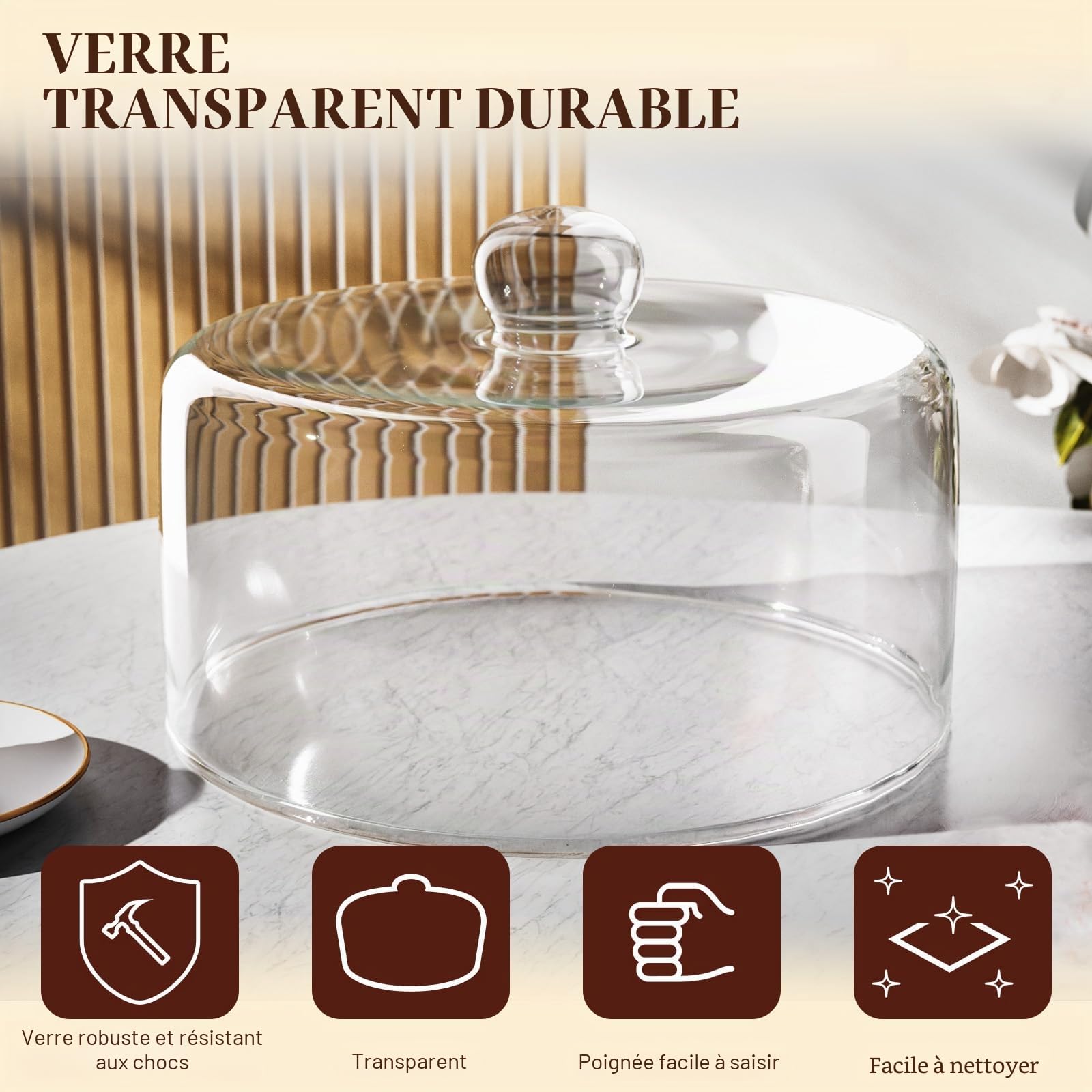 Cloche à gâteau en verre de 28 cm pour présentoir – Couvercle transparent pour présentation et protection, convient pour la cuisine