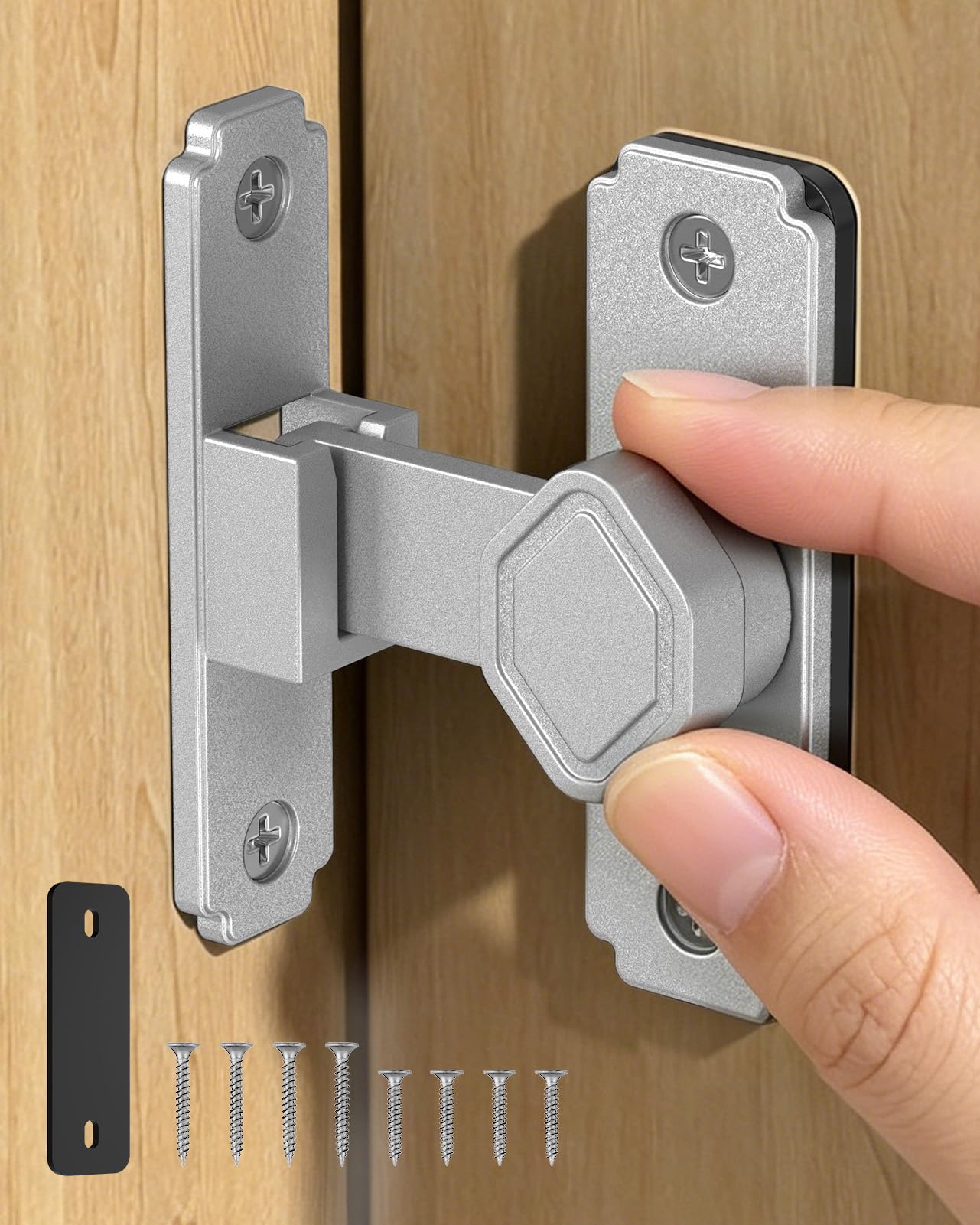 BiceNoning 90 Degree Barn Door Lock, Small Flip Sliding Barn Door Latch, Secure Aluminum Alloy Right Angle Gate Latch Lock for Cabinet Bedroom Outdoor Bathroom (1, Silver)