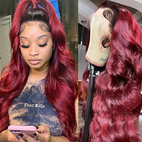 IUPin 1b 99j Burgundy Lace Closure Wigs Human Hair Body Wave Ombre Color Glueless Pre Plucked Human Hair Wigs for Women Natural Hairline with Baby Hair Colored Wine Red 22inch