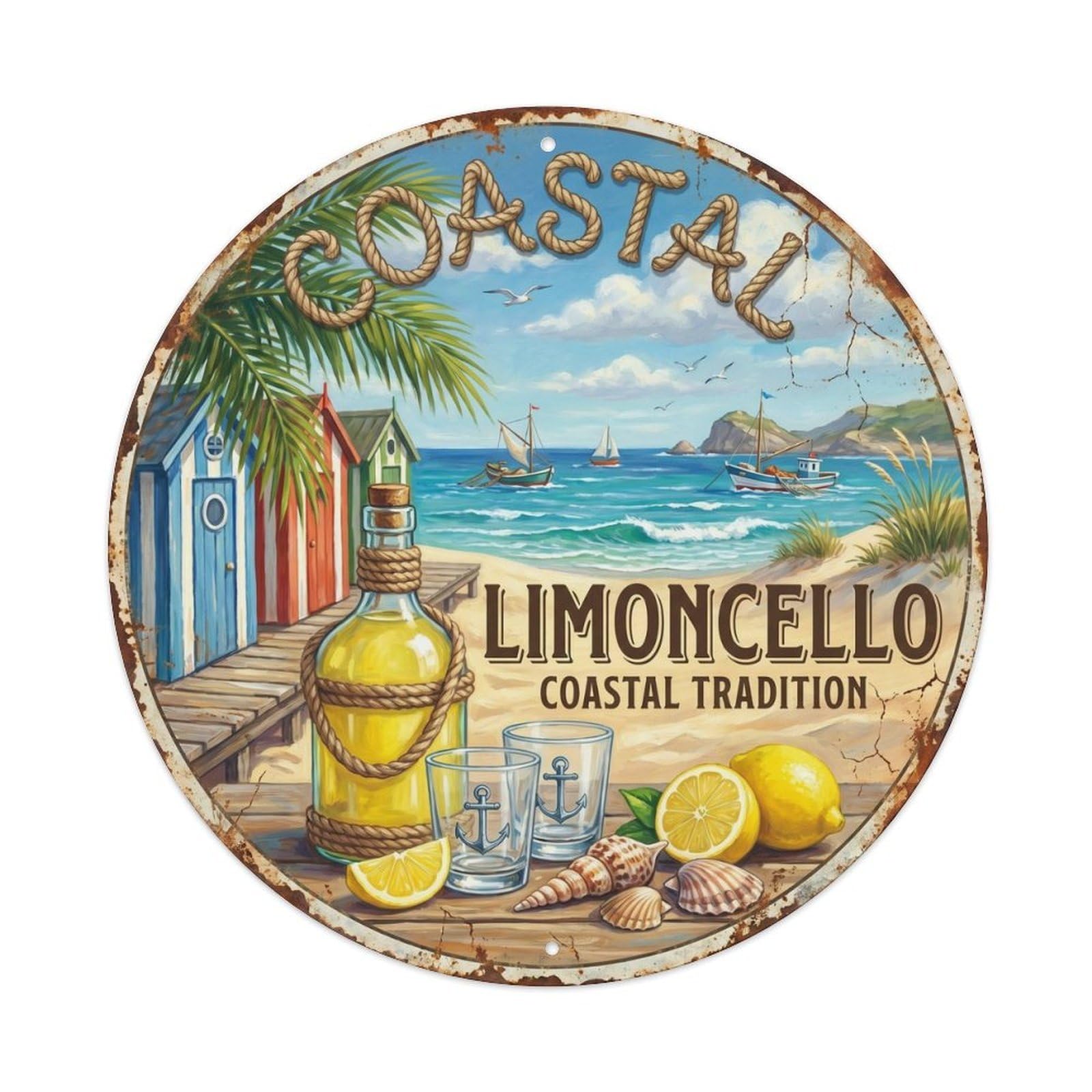 Fqcyn Style Pure Limoncello Digestif Metal Tin Sign Plaque Wall Decor For Cafe, Club Bar, Office, Home Garden Round Metal Poster 8X8inch