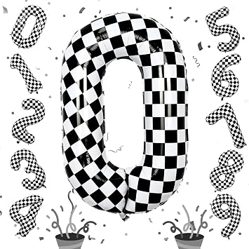 40 Inch Black and White Checkered 0 Balloon, Foil Number 0 Balloons Decor, Giant Self Inflating Helium 0 Racing Balloons for Boys Girls Birthday Race Car Flag Baby Shower Party Decorations Supplies