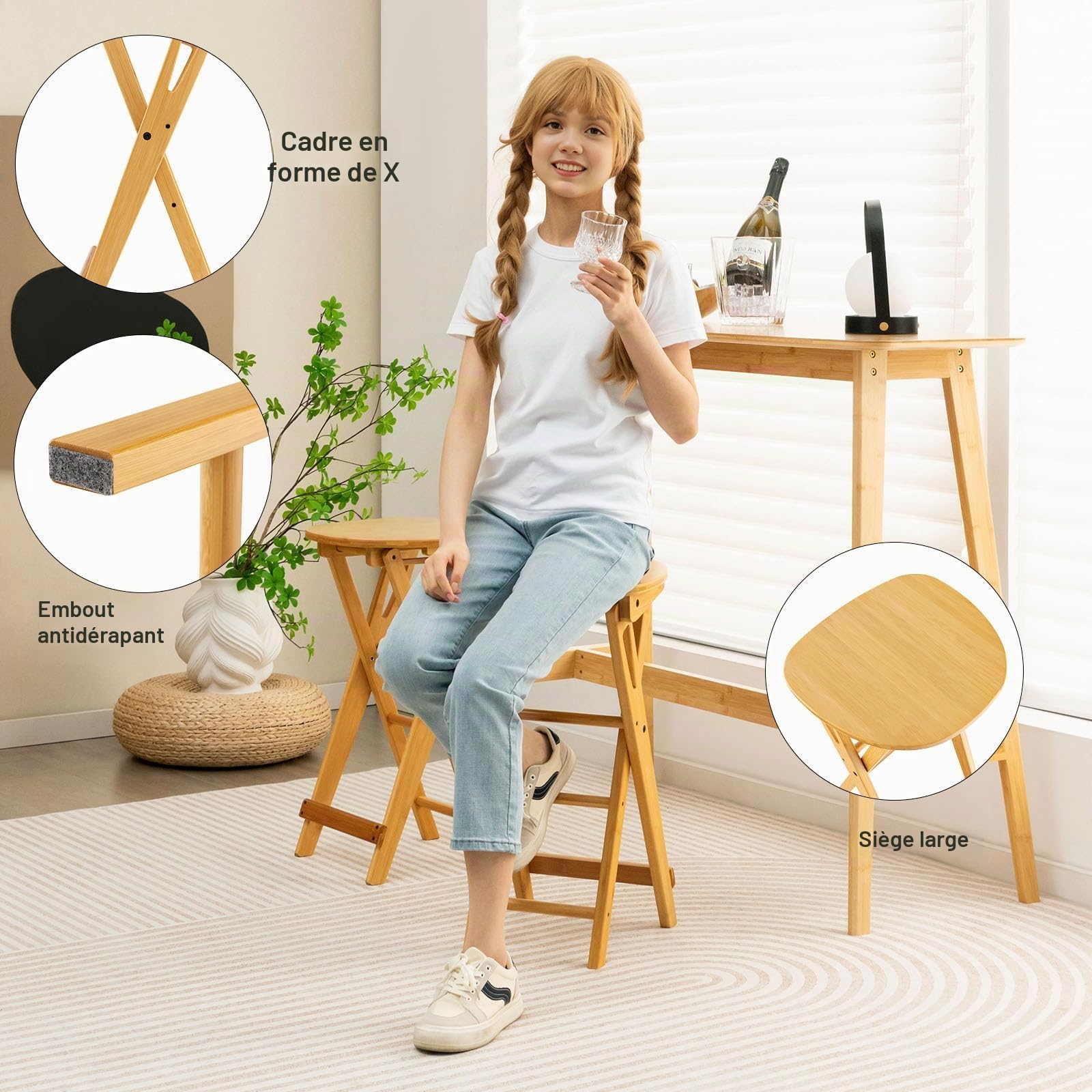 LIFEZEAL Lot de 2 Tabourets de Bar en Bambou Pliable