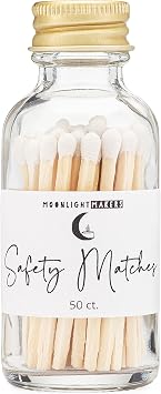 Fancy Matches in Glass Bottle - 50 Matchsticks in Glass Jar with Striker - Home Decor Accessories, Colorful Safety Matches in Cute Match Holder, Decorative Matches, White Tipped Matches MB50L