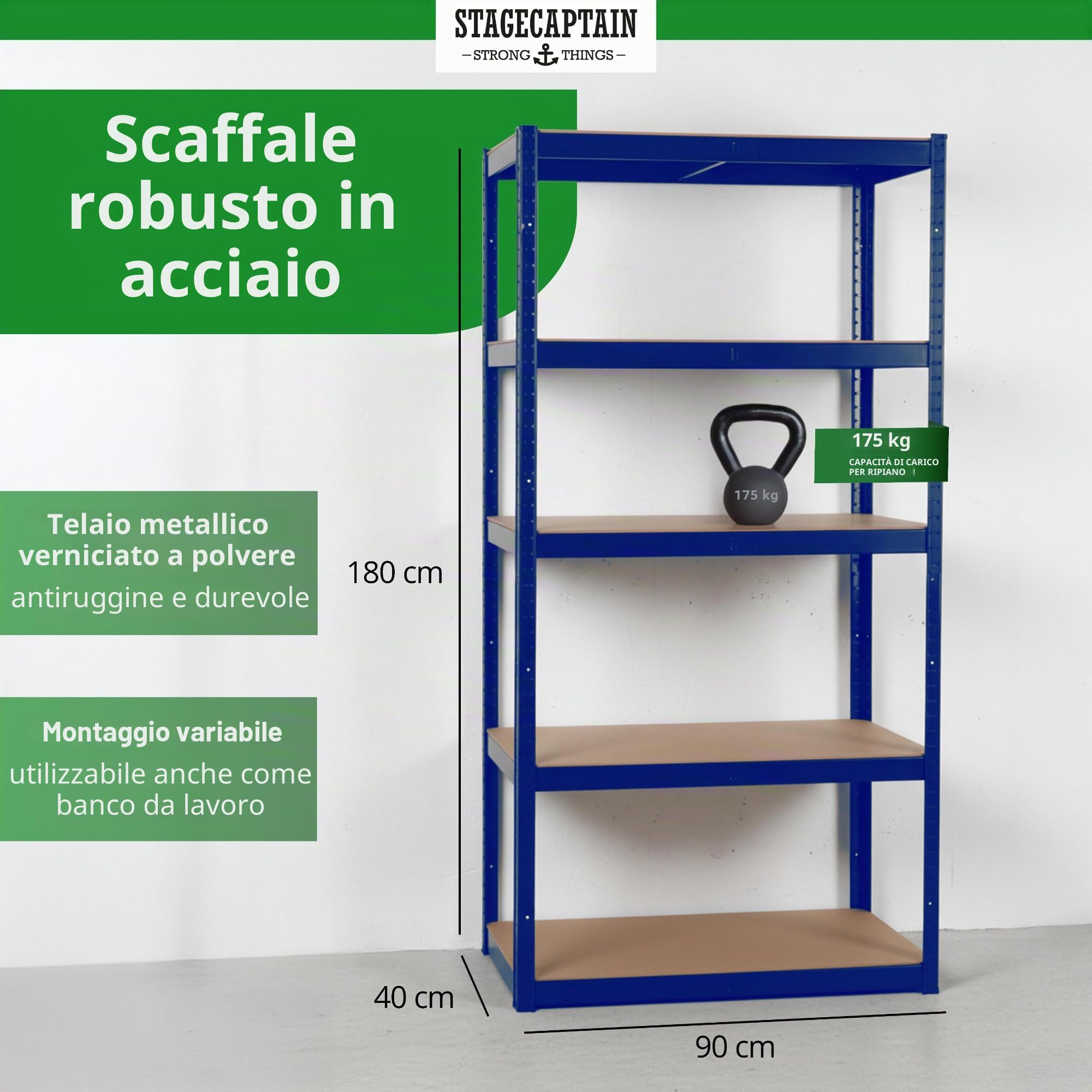 Stagecaptain Heavyrack HR-175 BU Sistema di 2 Scaffali in Metallo - Scaffalatura per magazzino - Scaffale per carichi pesanti - 875kg di capacità di Carico - 5 ripiani in legno regolabili - Blu