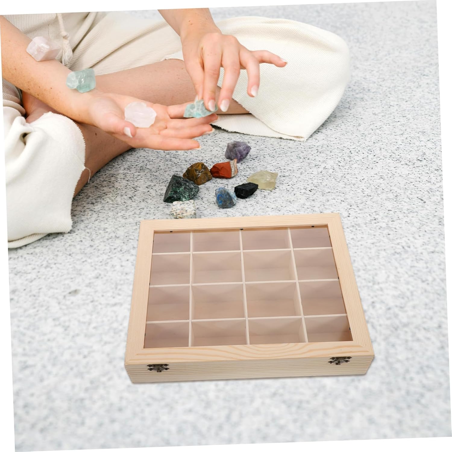 KICHOUSE Rock Collection Display Box with Transparent Lid Compartment Wooden Organizer for Minerals and Crystal Specimens Elegant Storage for Collectors