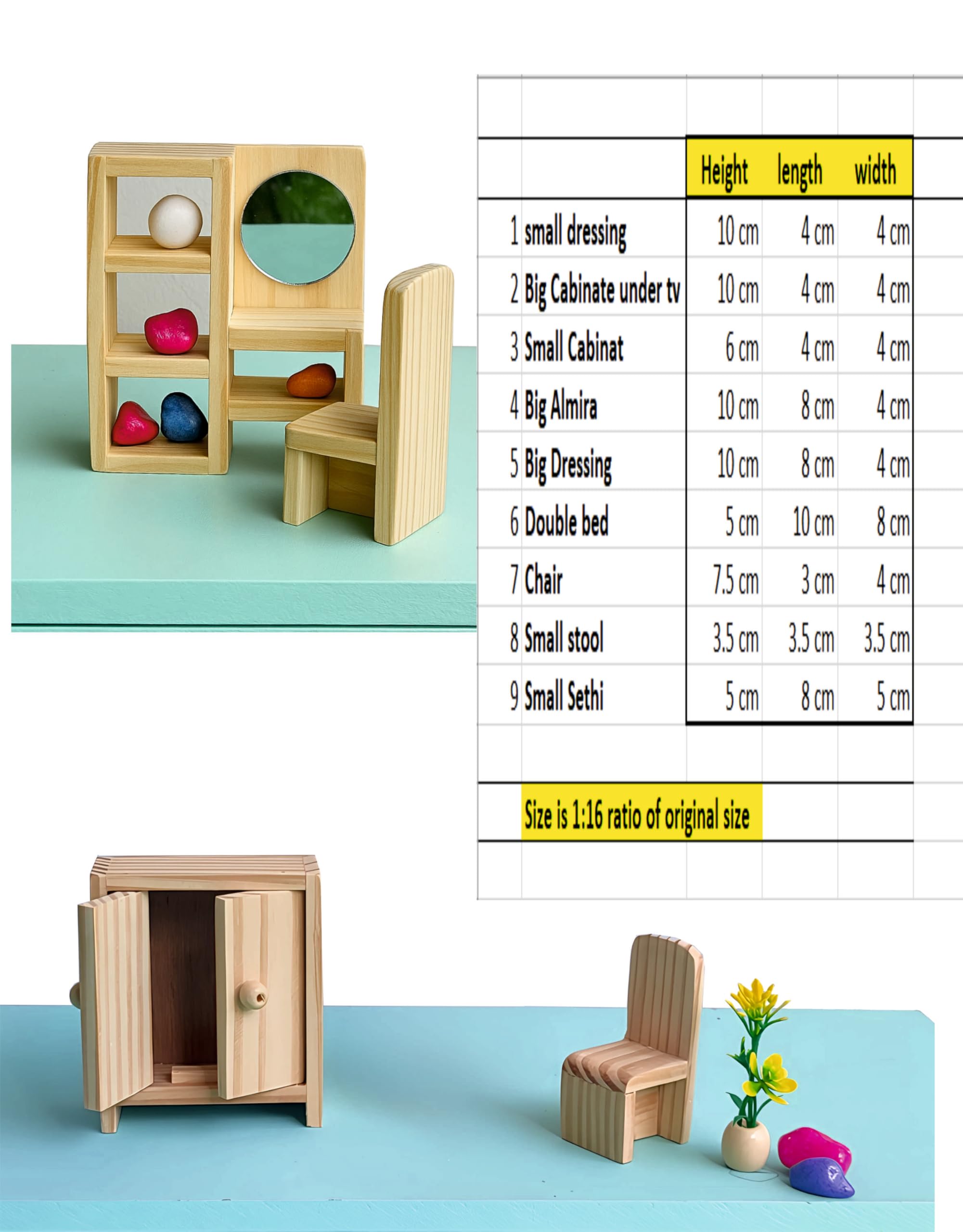 TinyMinyWorld Dollhouse Accessories Furniture Set (Wooden): Drawing Room - Kitchen - Bedroom - Toilet (Bedroom Grand +) 4