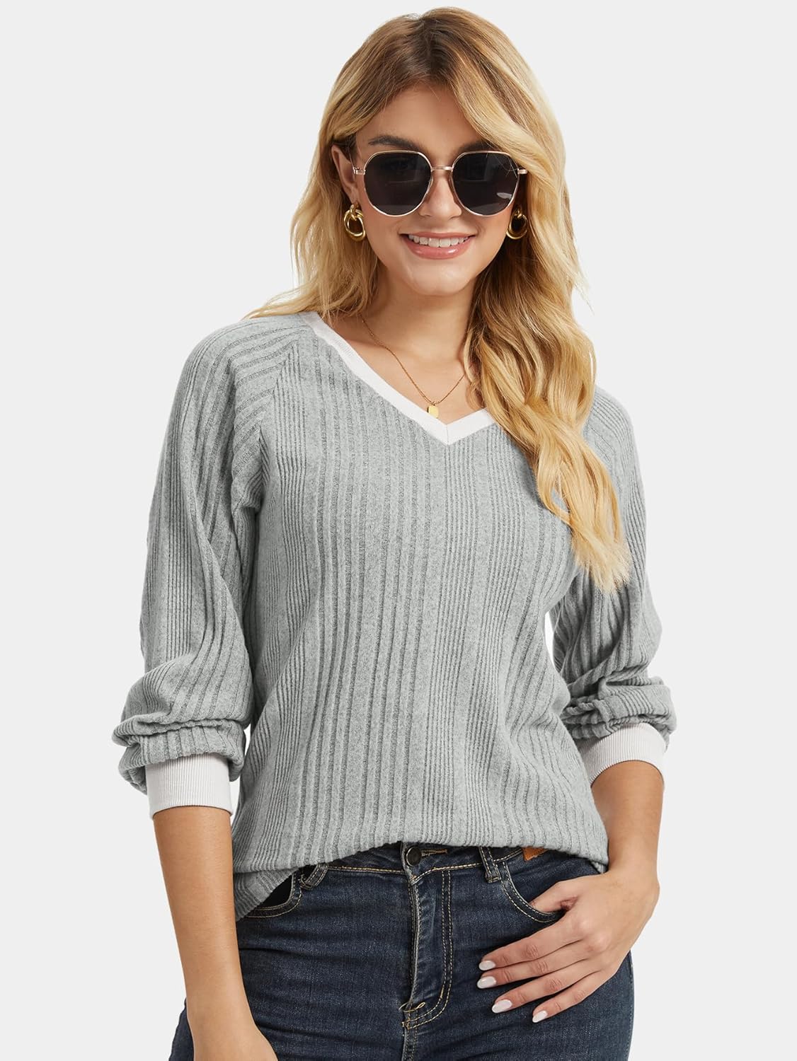 long sleeve sweaters for women V Neck Color Block Fall Winter Sweaters Lightweight Trendy Tunic - Image 6