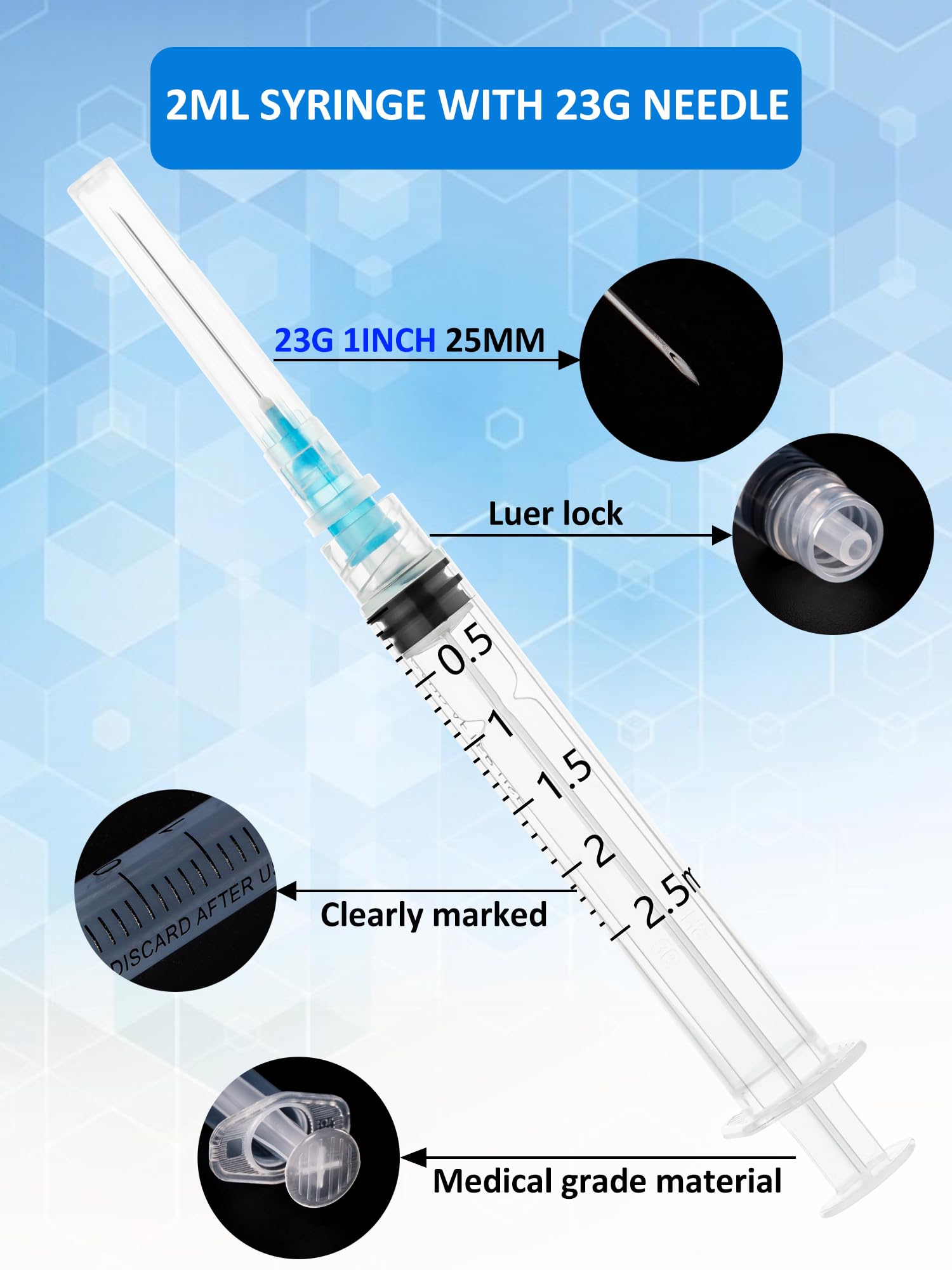 100 Pack 2ml Luer Lock Syringe, 2cc Syringe with Needle 23g 1 Inch, Lab Supplies Syringes, Individually Wrapped — Amazon image 2