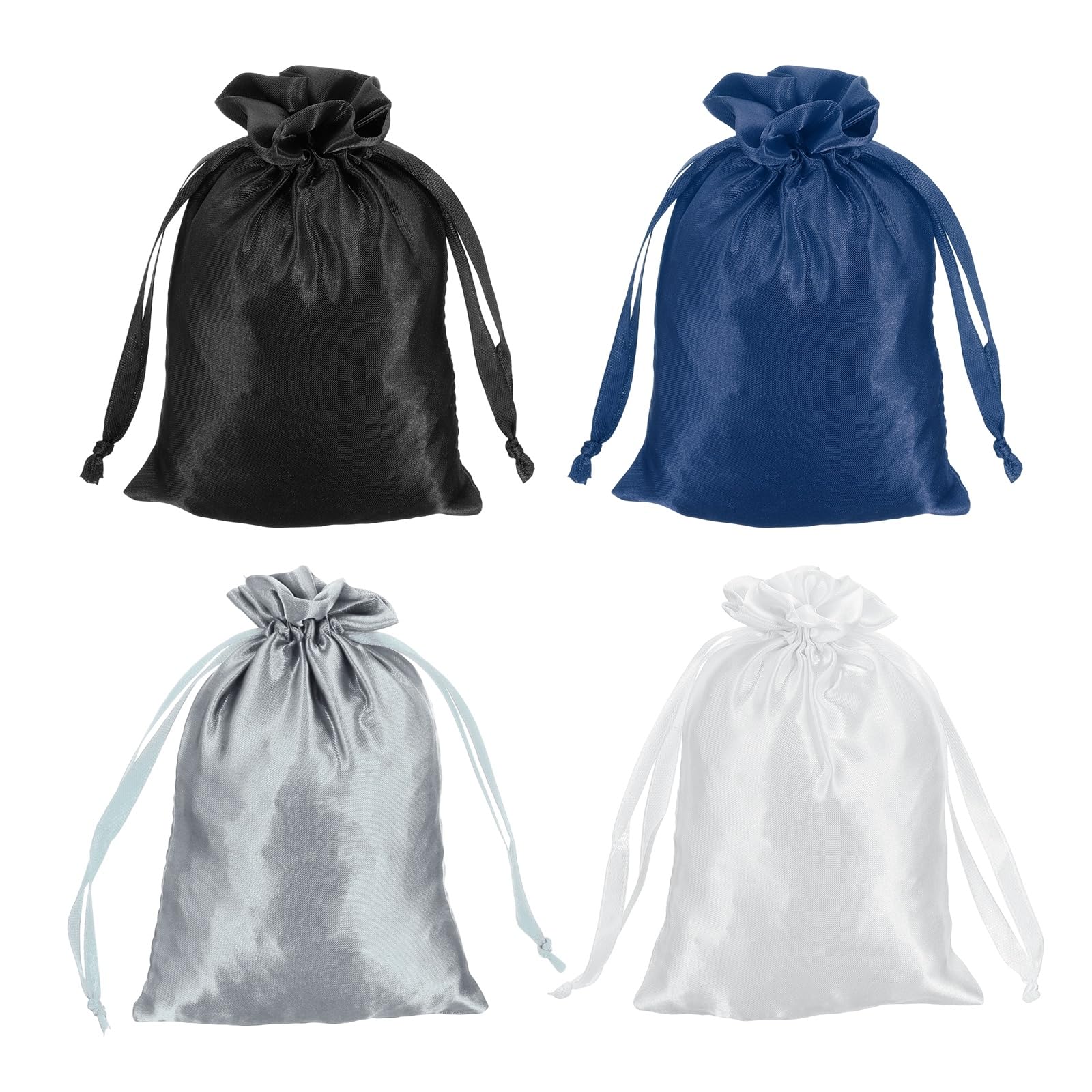 sourcing map Satin Bags with Drawstring, 4x6 Inch Wedding Favor Bag Mini Gift Packaging Bag for Birthday Christmas Jewelry Party (Black/Grey/White/Navy Blue, Pack of 4)