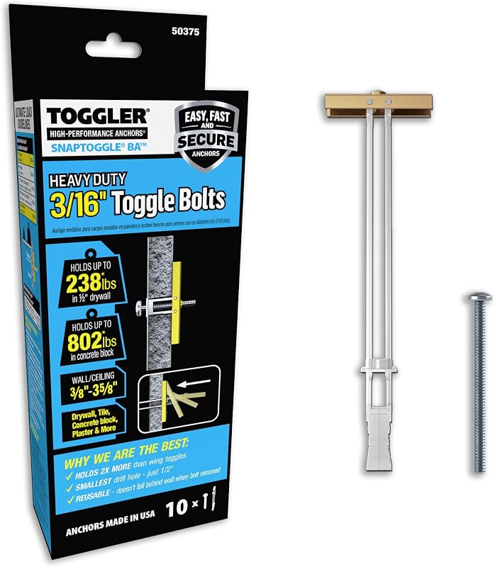 SNAPTOGGLE Toggle Bolt 3/16-24 UNC with Bolts, 2 Pack | Heavy-duty zinc-plated toggle bolts with bolts for hollow walls, plaster and tile