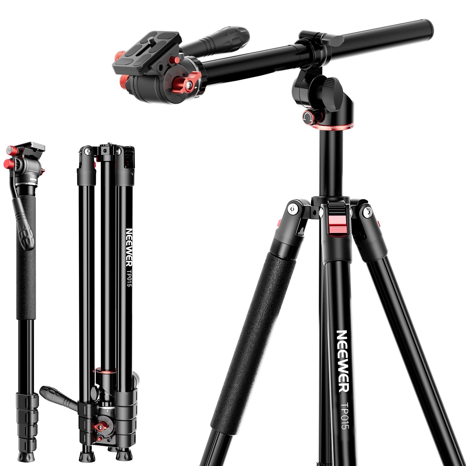NEEWER BASICS Statyw do kamery górnej, monopod z głowicą płynu i poziomą kolumną środkową, wysokość 75,4 cala, metalowy stojak podróżny DSLR, płyta QR typu Arca i odwracalne nogi, maksymalne
