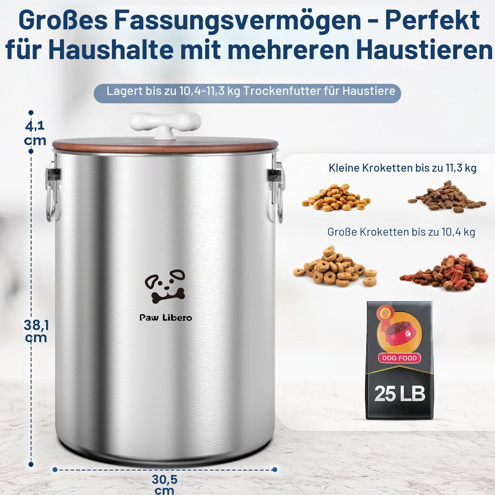 2er-Set aus 25 lb schweren Edelstahl-Futterbehältern mit Holzdeckel