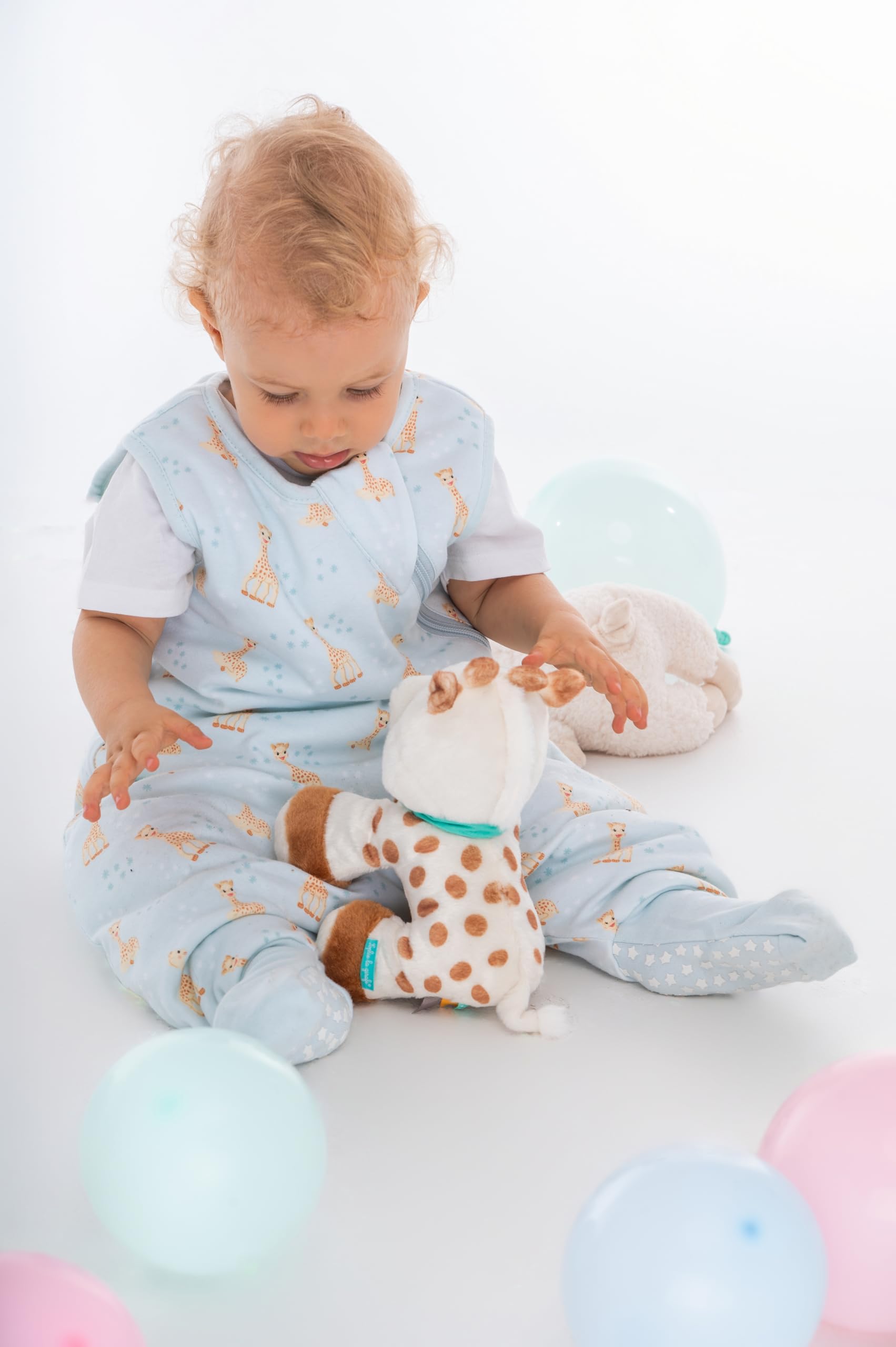 BabyBliss BlissJump Saco de Dormir para Bebé con Piernas 2.5 TOG – Algodón Orgánico – De 6 Meses a 5 años (Sophie la Girafe - Ciel, 18-36 Meses)