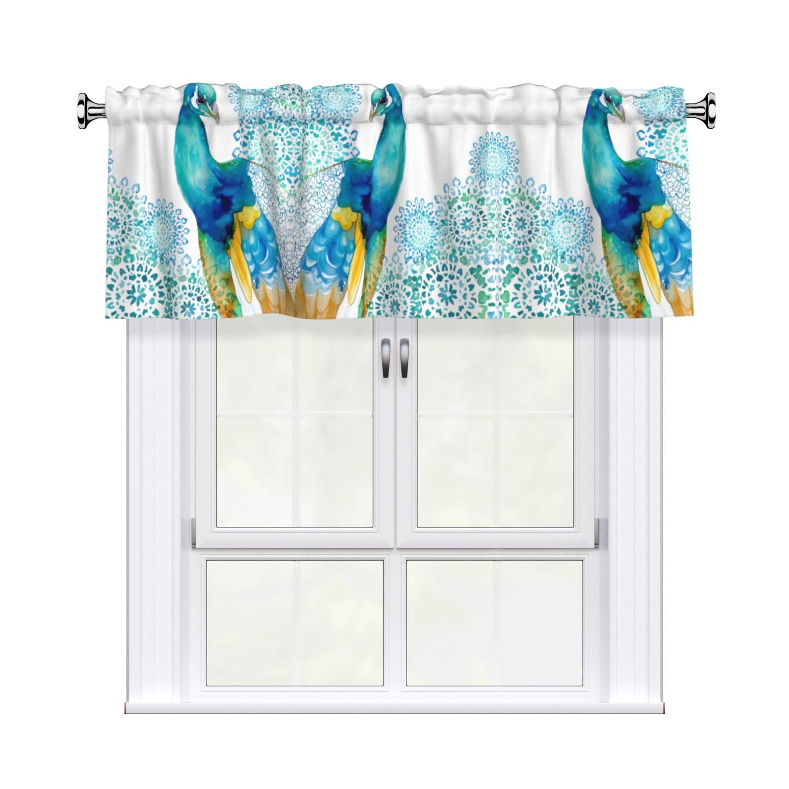 HJFCZH WHJSSF Beautiful Peacock and Floral Prints 54x18in Curtain Valance - Peach Skin Polyester Kitchen Cover with Light Filtering Floral & 3" Rod Pocket