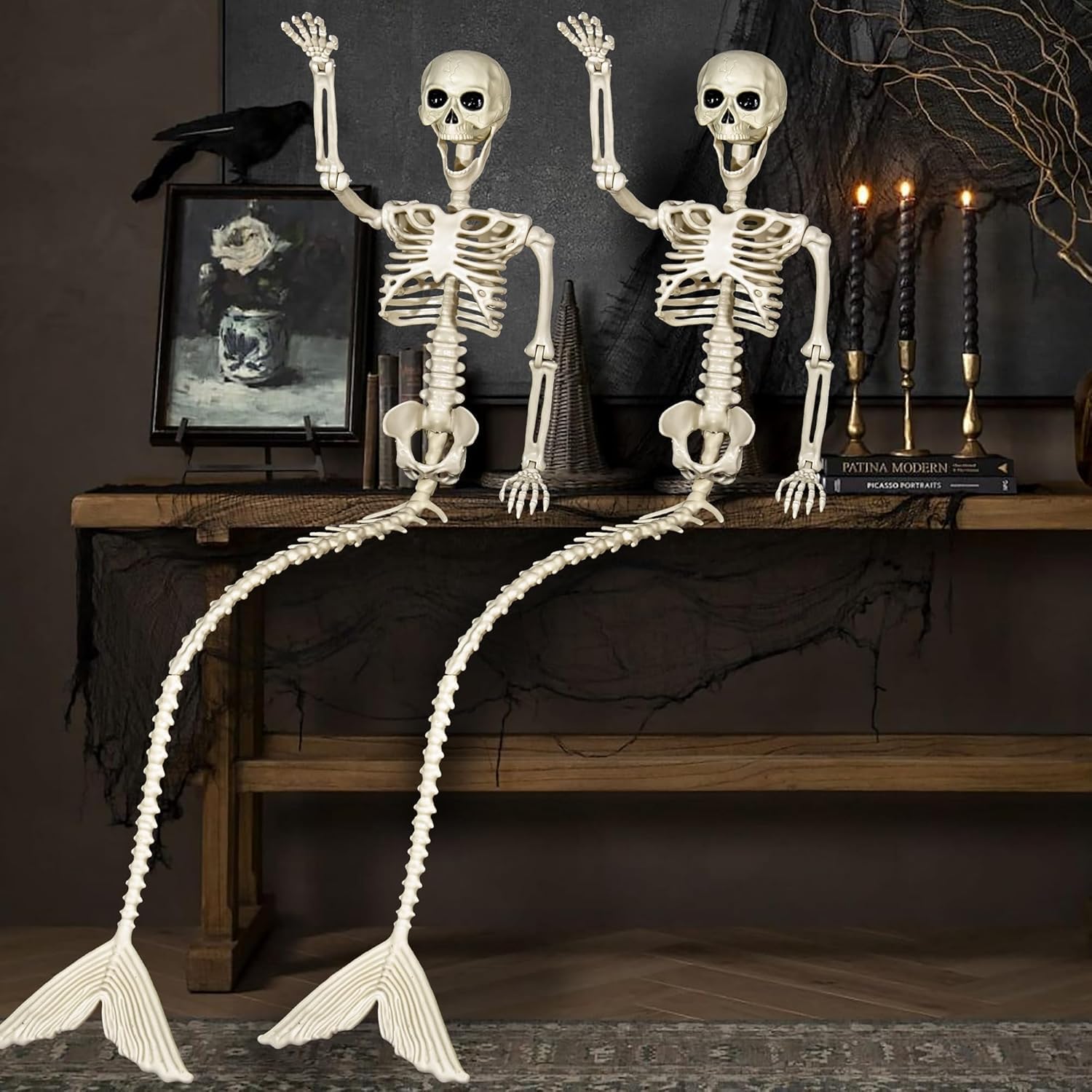 2 Pack 52 Inches Mermaid Halloween Skeleton Pose-N-Stay Posable Movable Jonints Hanging for Halloween Decoration Decor Spooky Scene Party Favors