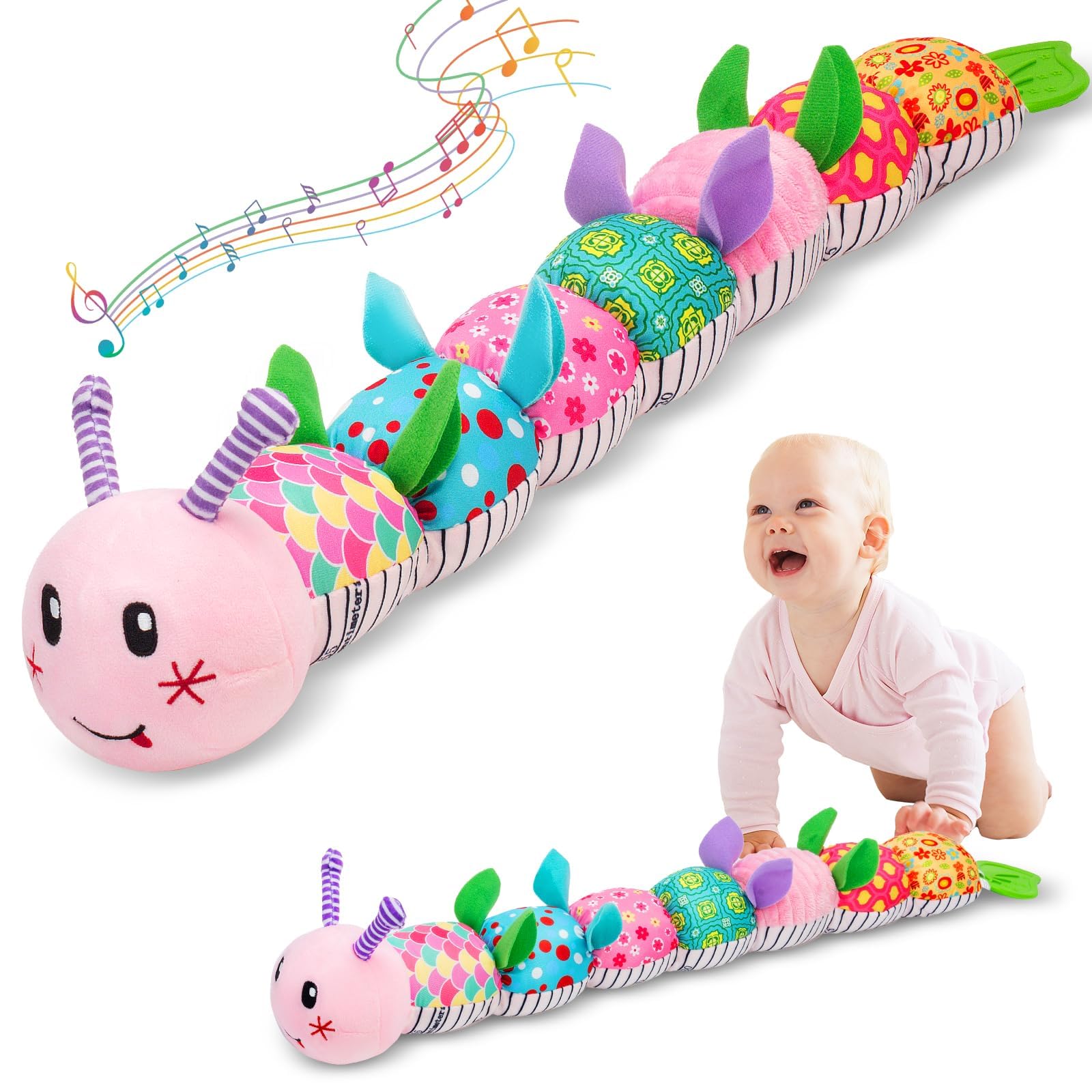 Felly Juguetes Bebes 0 3 6 9Meses, Peluche Oruga Musical, Sensorial Montessori con Sonajero Mordedor y Papel Arrugado, Tummy Time, Multisensorial, Regalo para Bebe Niñas Recién Nacidas 6-12 Meses
