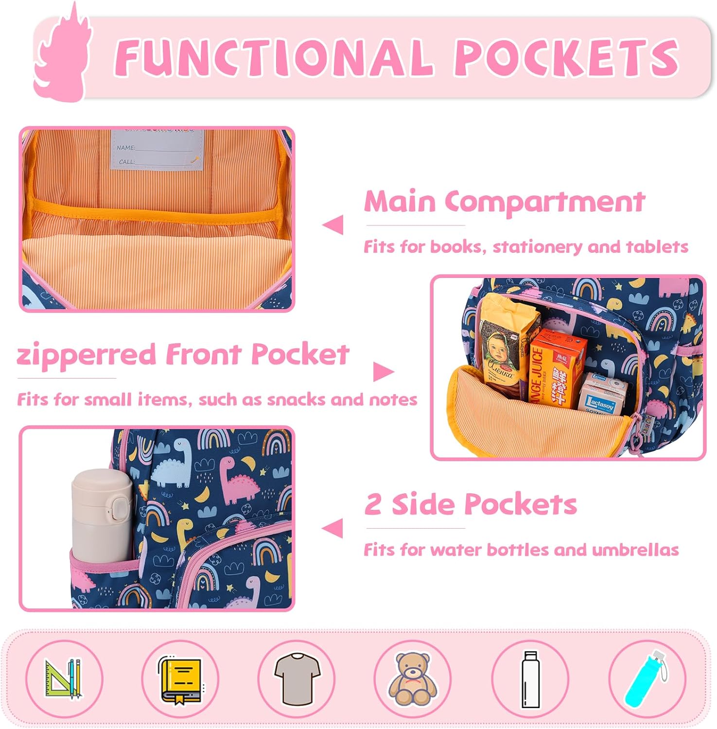 Kids Backpack Girls, ChaseChic Lightweight Toddler Backpack with Security Reflective Strips, Cute School Bag with Bottler Holder for Kindergarten Preschool, Pink Dinosaur - Image 6