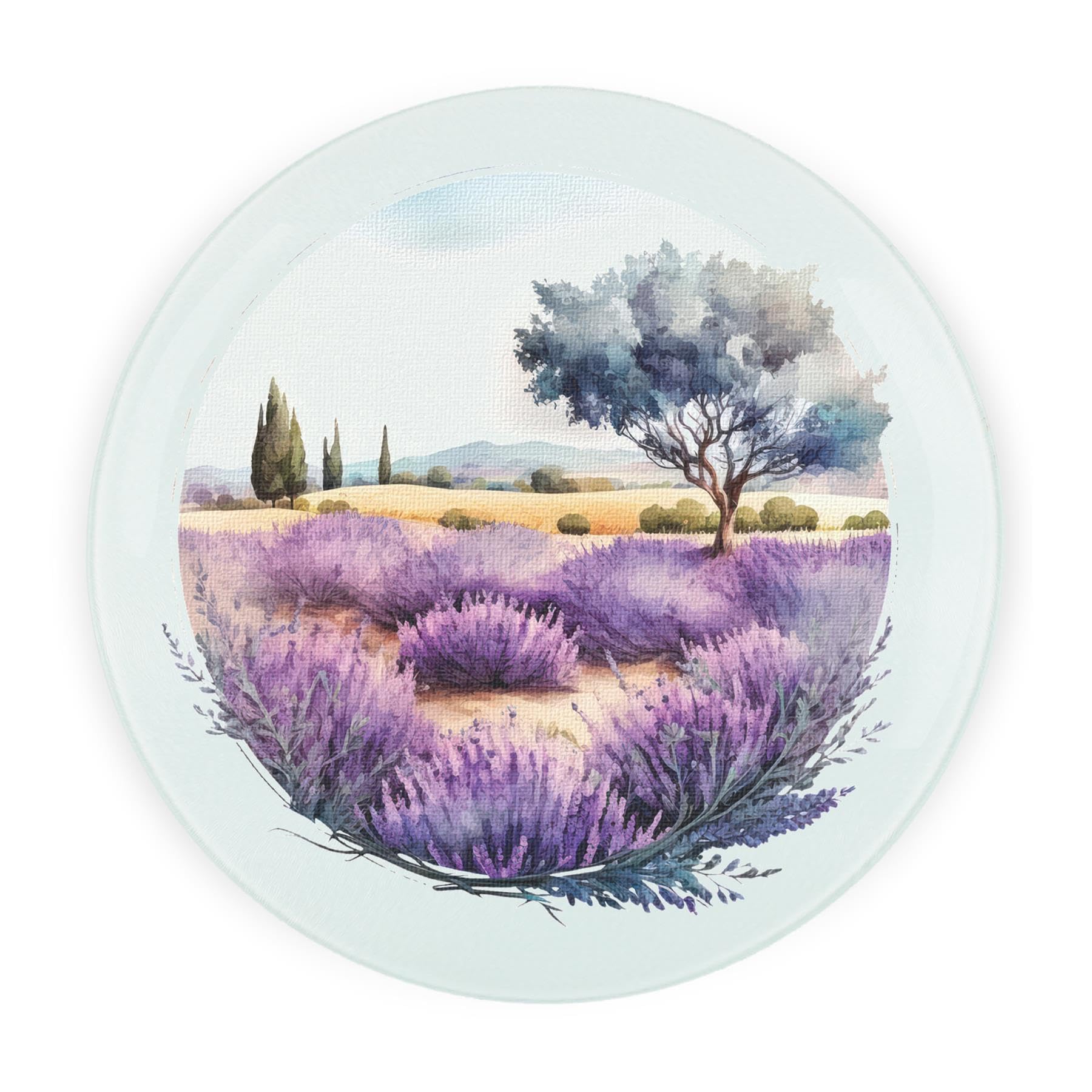 Lavender Round Glass Worktop Saver - Floral Purple Lavender Fields - Textured Kitchen Chopping/Cutting Board Worktop Protector with Non-Slip Feet 30cm x 30cm (12" x 12")