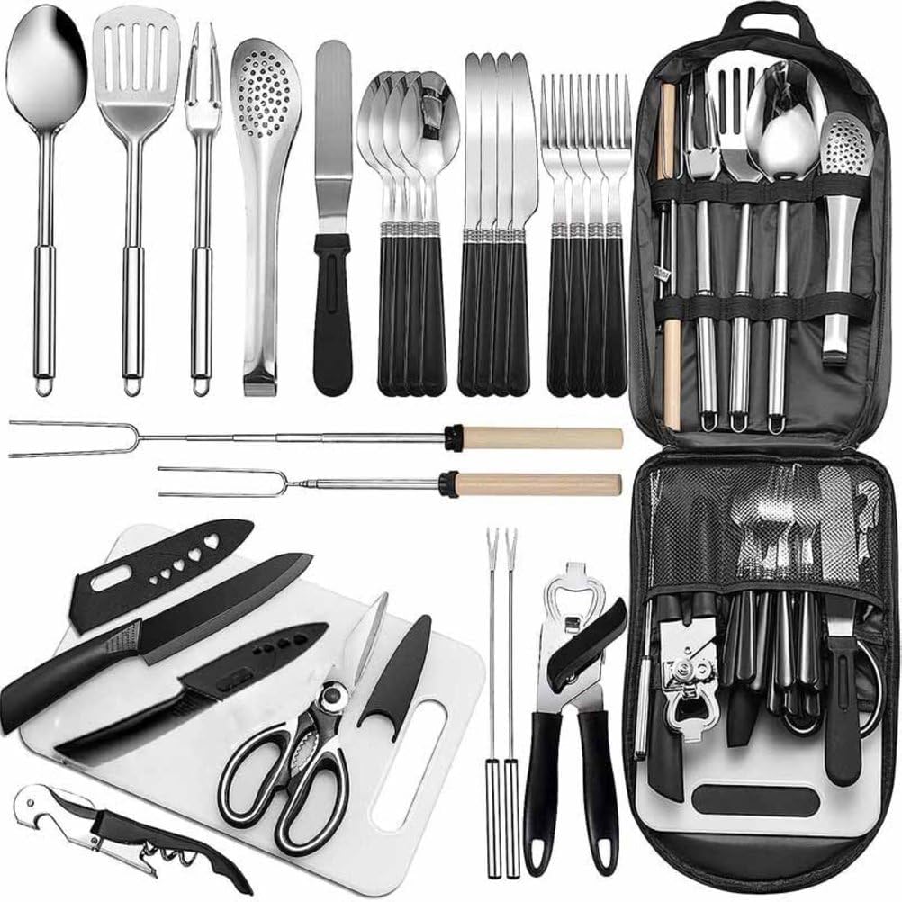 Outdoor Camping Travel Picnics Organizer Portable 27 PCS Stainless Steel Cooking Utensils Set