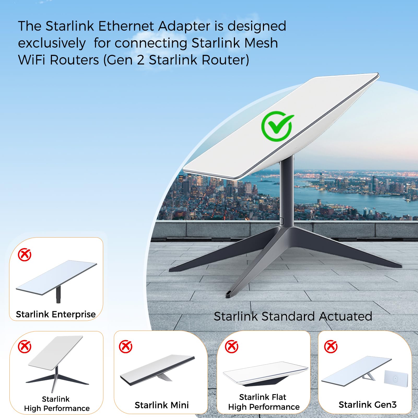 Starlink Ethernet Adapter V2, Compatible with Gen 2 Starlink Rectangular Dish and Mesh WiFi Router, Converts Starlink to RJ45 Gigabit Ethernet, for Connecting Wired Network Devices (3.3FT/1M
