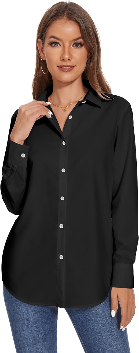 YAMANMAN Women Button Down Dress Shirts Long Sleeve Collared Blouses Wrinkle-Free Solid Work Tops - Image 3