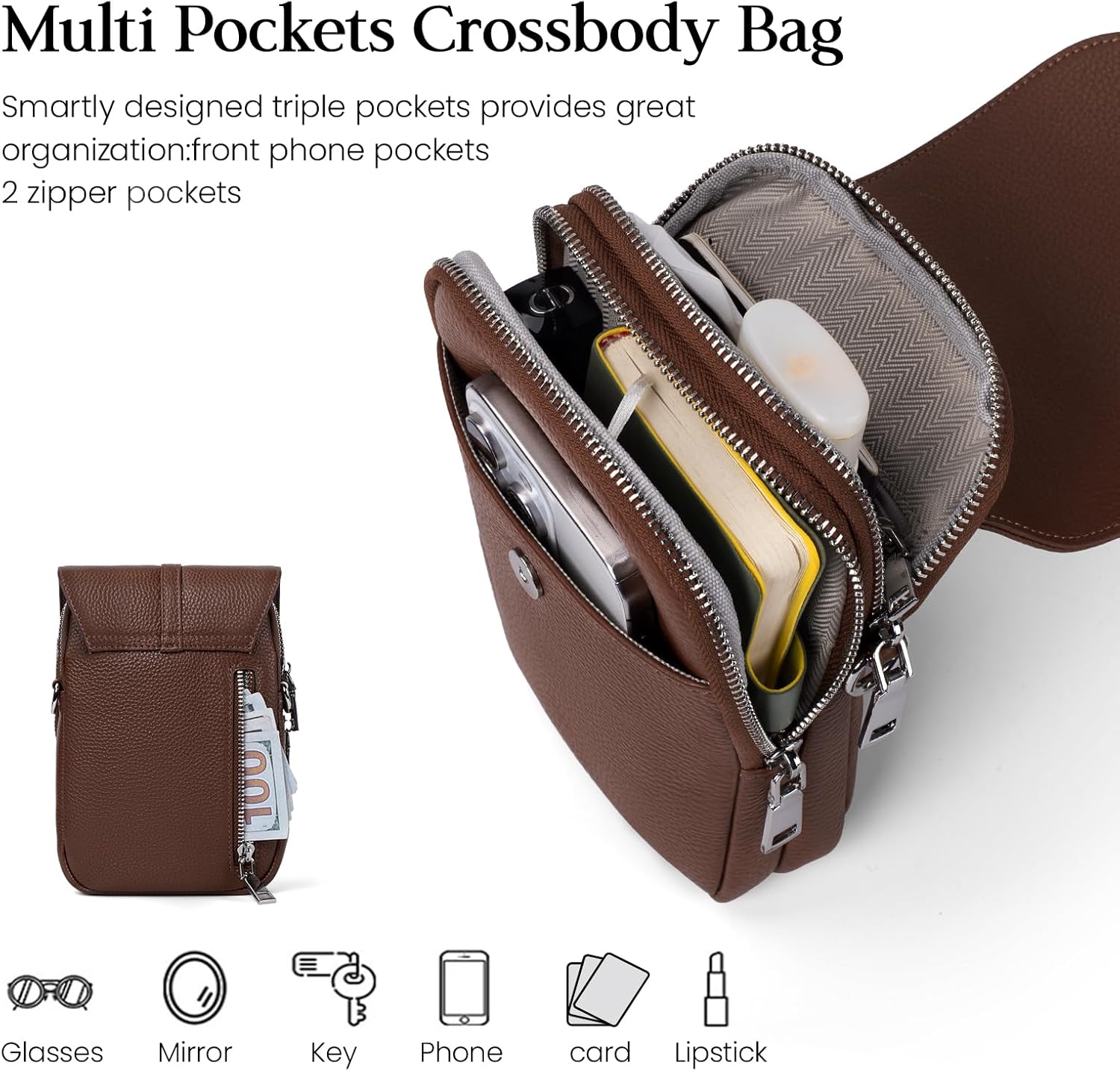 befen Genuine Leather Small Crossbody Bags for Women, Multi Pocket Cell Phone Crossbody Purse with RFID Blocking Card Slots - Image 3