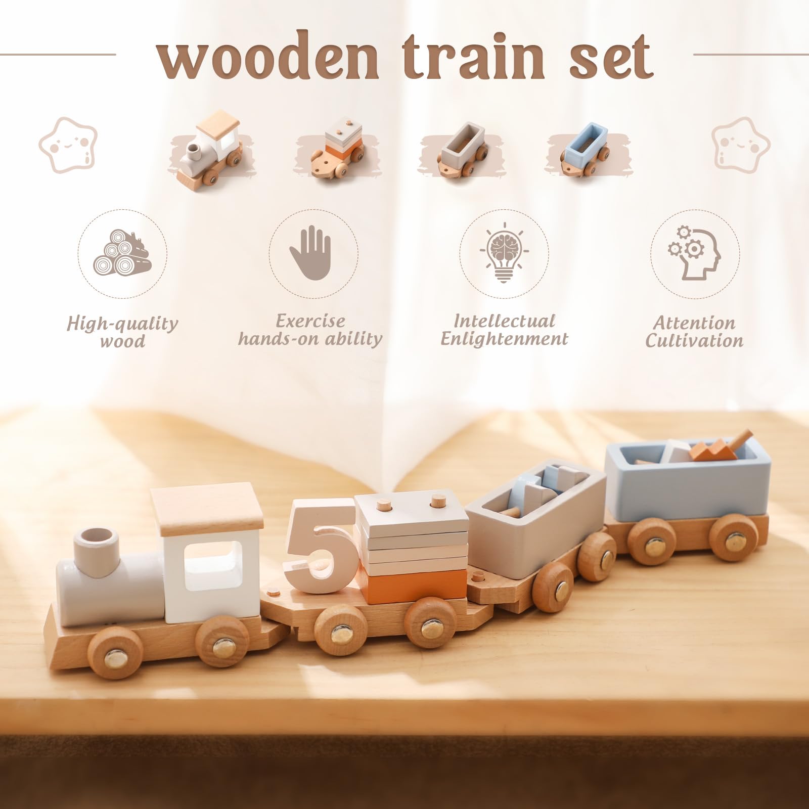 Mamimami Home Wooden Train Set Train with Numbers & Blocks for Toddlers 1-4, Baby Gift