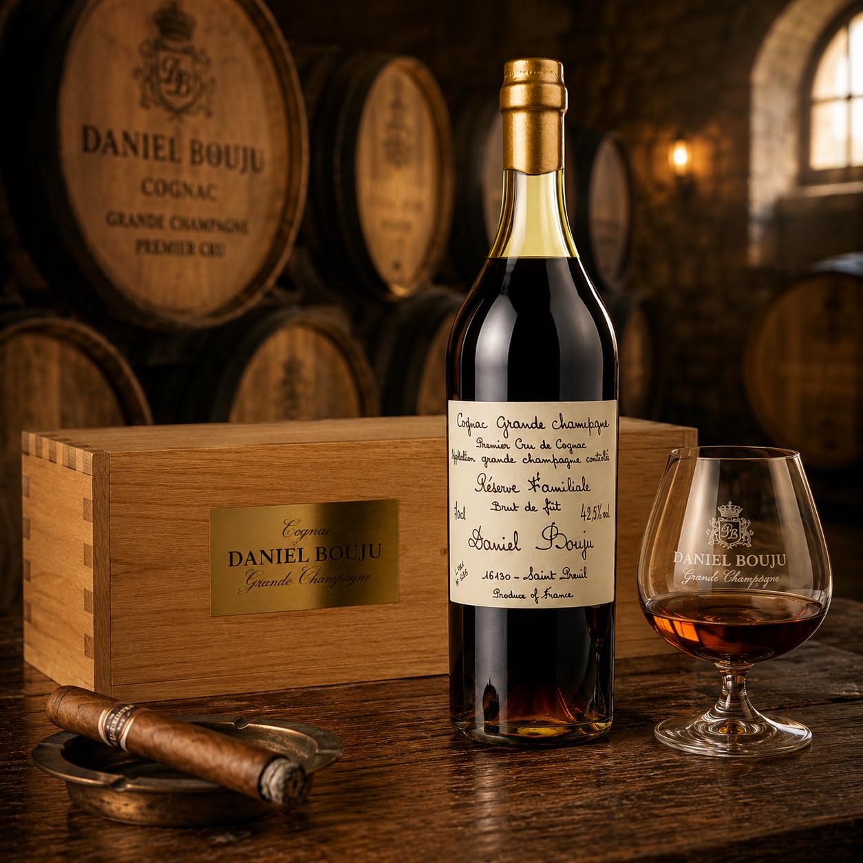 Daniel Bouju | Sélection Familiale Brut de Fût con Cassetta in Legno – Cognac Grande Champagne Premier Cru AOC, Distillato Francese Artigianale, 70 cl, 42,5% Vol.