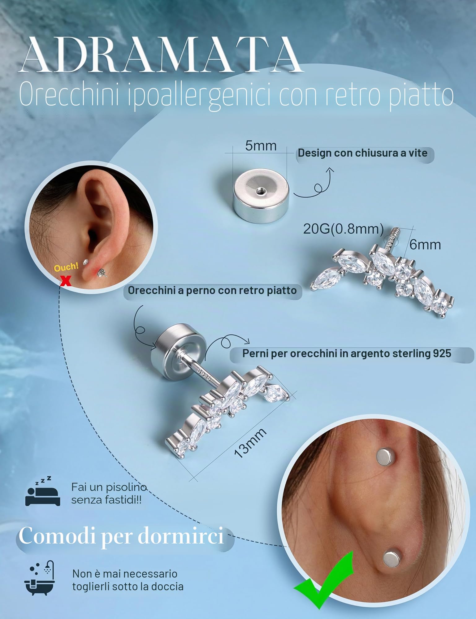 Adramata Orecchini Argento 925 Donna Orecchino a Bottone Anallergici Brillanti Piercing Orecchio Cartilagine Piercing Trago Helix Piercings Orecchini Donna Argento/Or