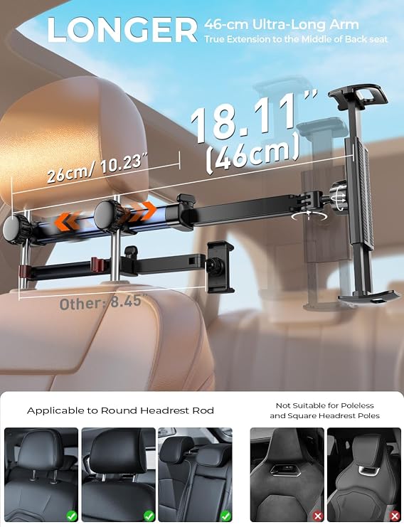TRYONE Tablet Holder Car Headrest – [46 cm Long Sleeve] [3 in 1 Extendable] Car Tablet Holders Travel Accessories for Children Car Mount for iPad for Sumsung Tab/Switch/Mobile Phones & 4.7-13 Inch Devices