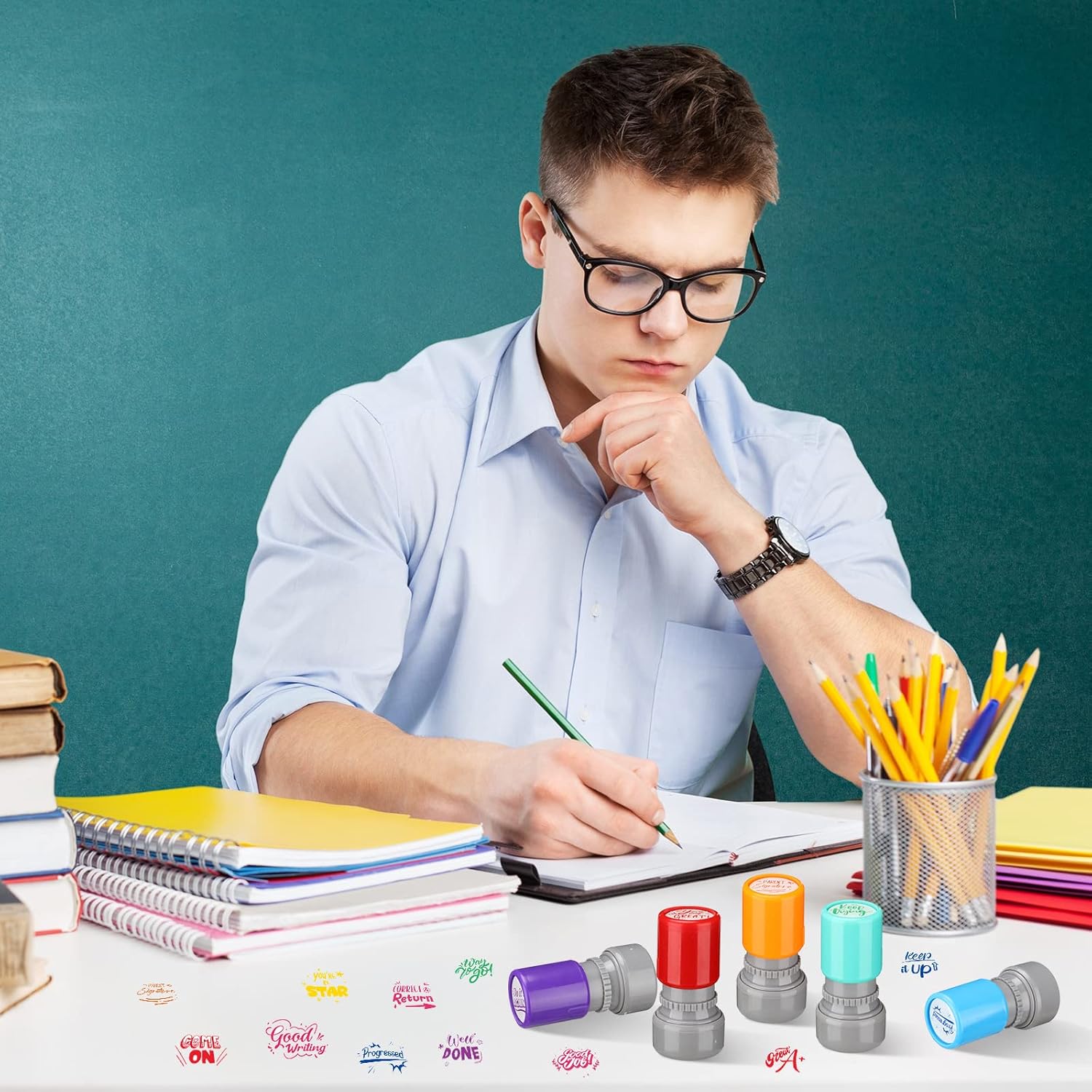 Yinder 24 Pcs Teacher Stamps for Classroom Self Inking School Classroom Stamps Gifts Bulk for Teachers Elementary Colorful Motivational Encouraging Supplies(Modern)