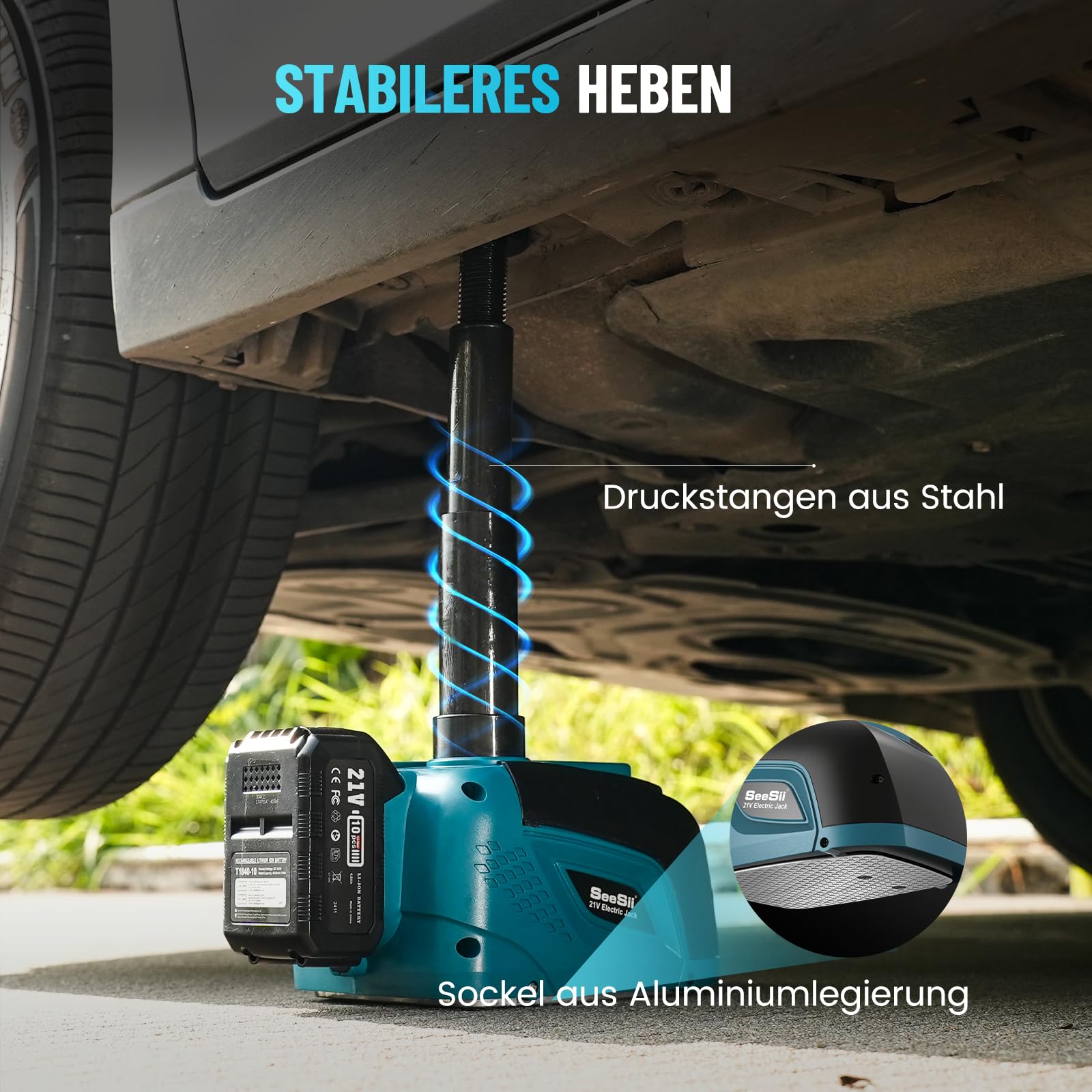 Seesii Elektrischer Wagenheber 5T 3T mit Akku, 21V Akku-Hydraulik Wagenheber Set mit 4,0Ah Batterie & Ladegerät, Kabelloses Reifenwechsel-Set für Auto, SUV, MPV & Pickup (Hubhöhe 15,5–45 cm)