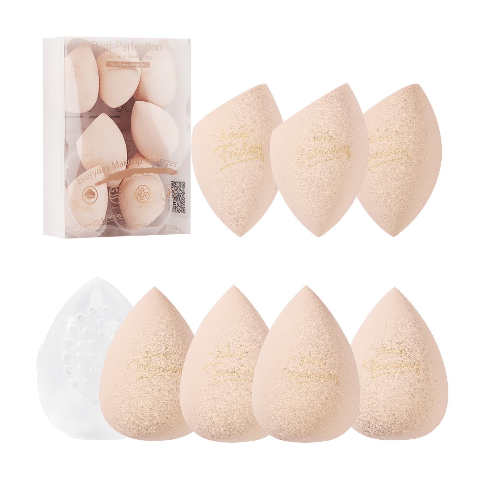 Real Perfection Makeup Sponge Set Blender Sponges, Latex-Free Beauty Makeup Sponges 7 pcs with 1 Travel Container Case for Blending Foundation Liquid